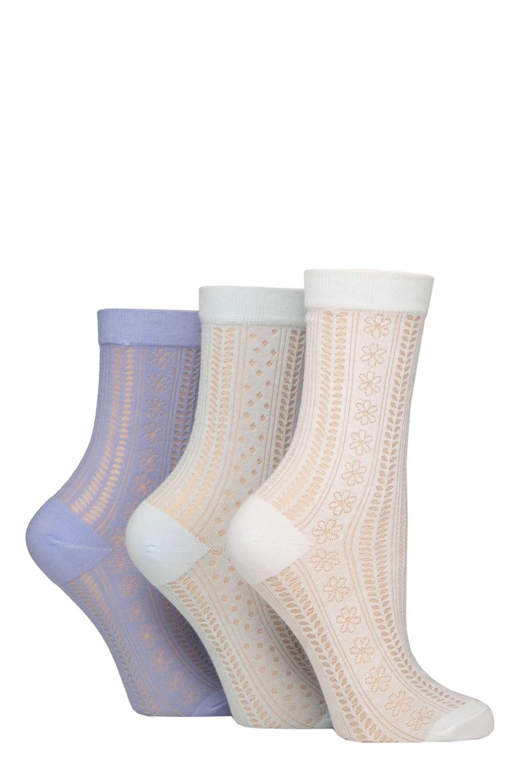 Women's 3 Pair SOCKSHOP Wildfeet Cotton Sheer Pelerine Pop Socks White / Lilac / Blue Flowers 4-8 Women's