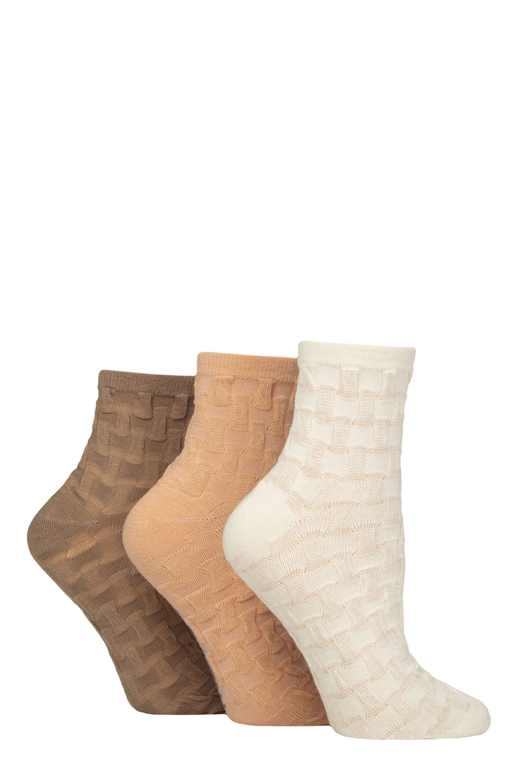 Women's 3 Pair SOCKSHOP Wildfeet Anklet Cotton Socks Textured Checkered  4-8