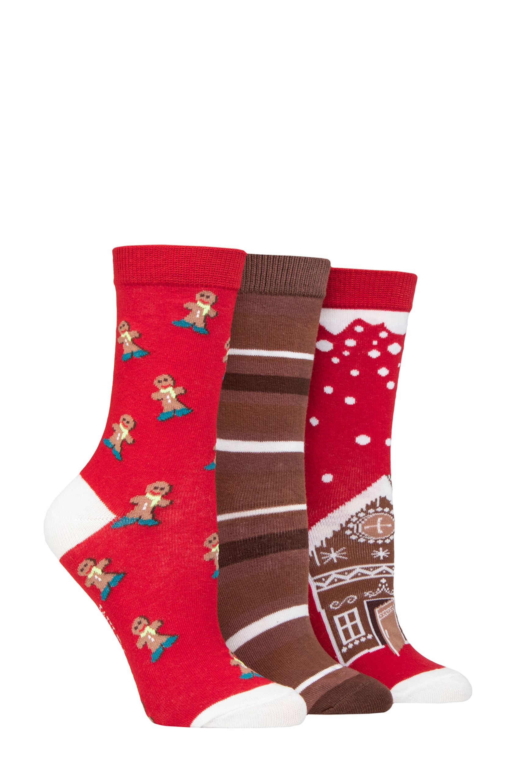 Women's 3 Pair SOCKSHOP Wildfeet Cotton Christmas Gift Socks Gingerbread Man / House 4-8 UK