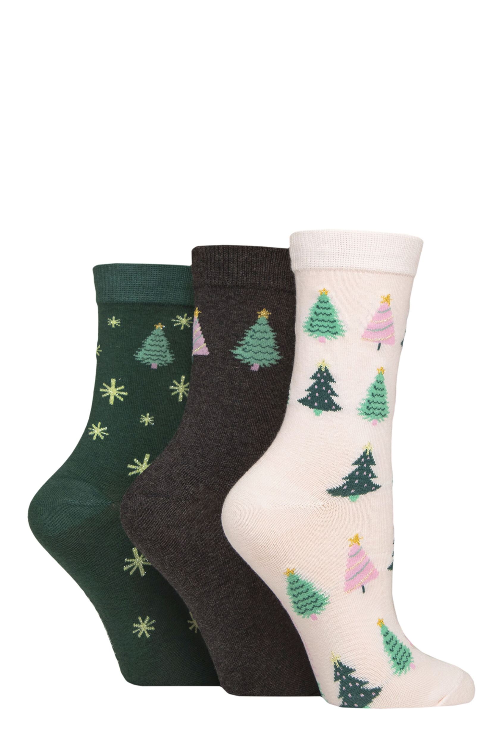 Women's 3 Pair SOCKSHOP Wildfeet Cotton Christmas Gift Socks Christmas Trees 4-8