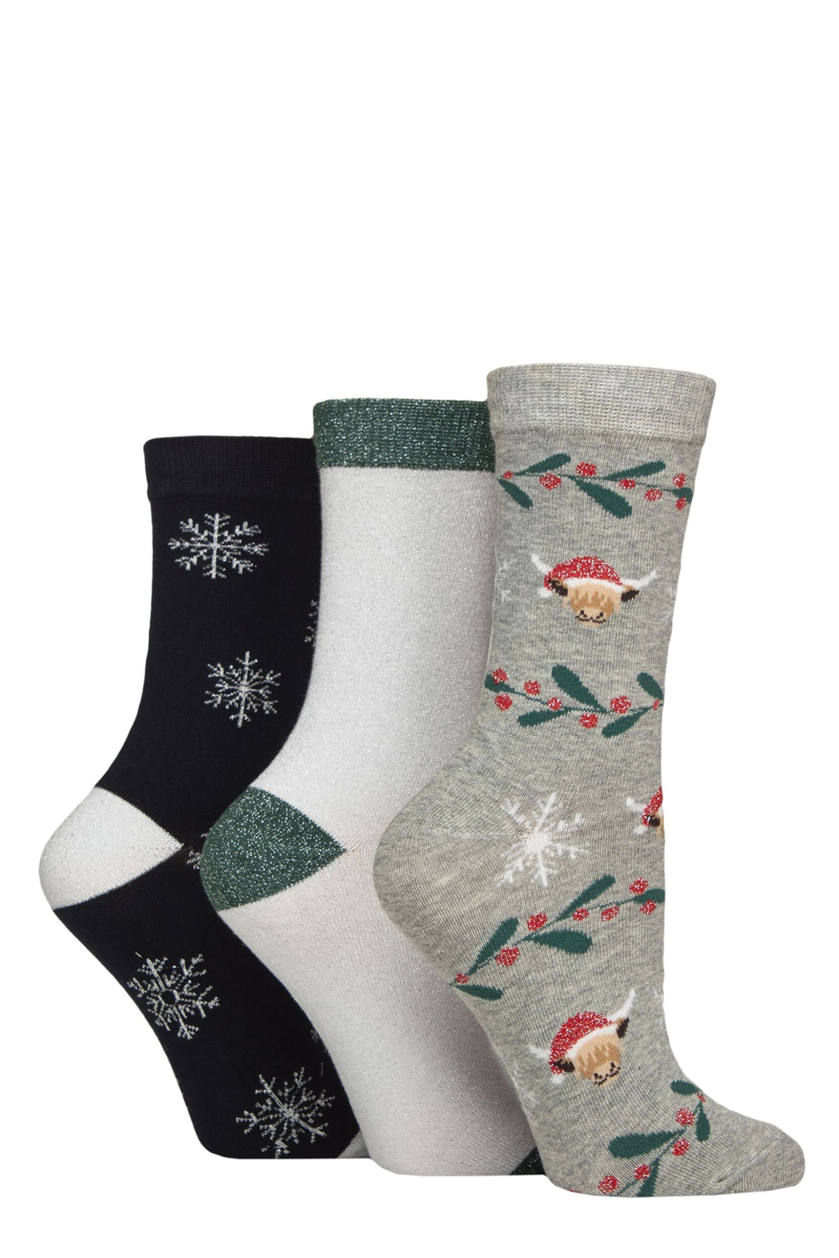 Women's 3 Pair SOCKSHOP Wildfeet Cotton Christmas Gift Socks Highland Cow 4-8
