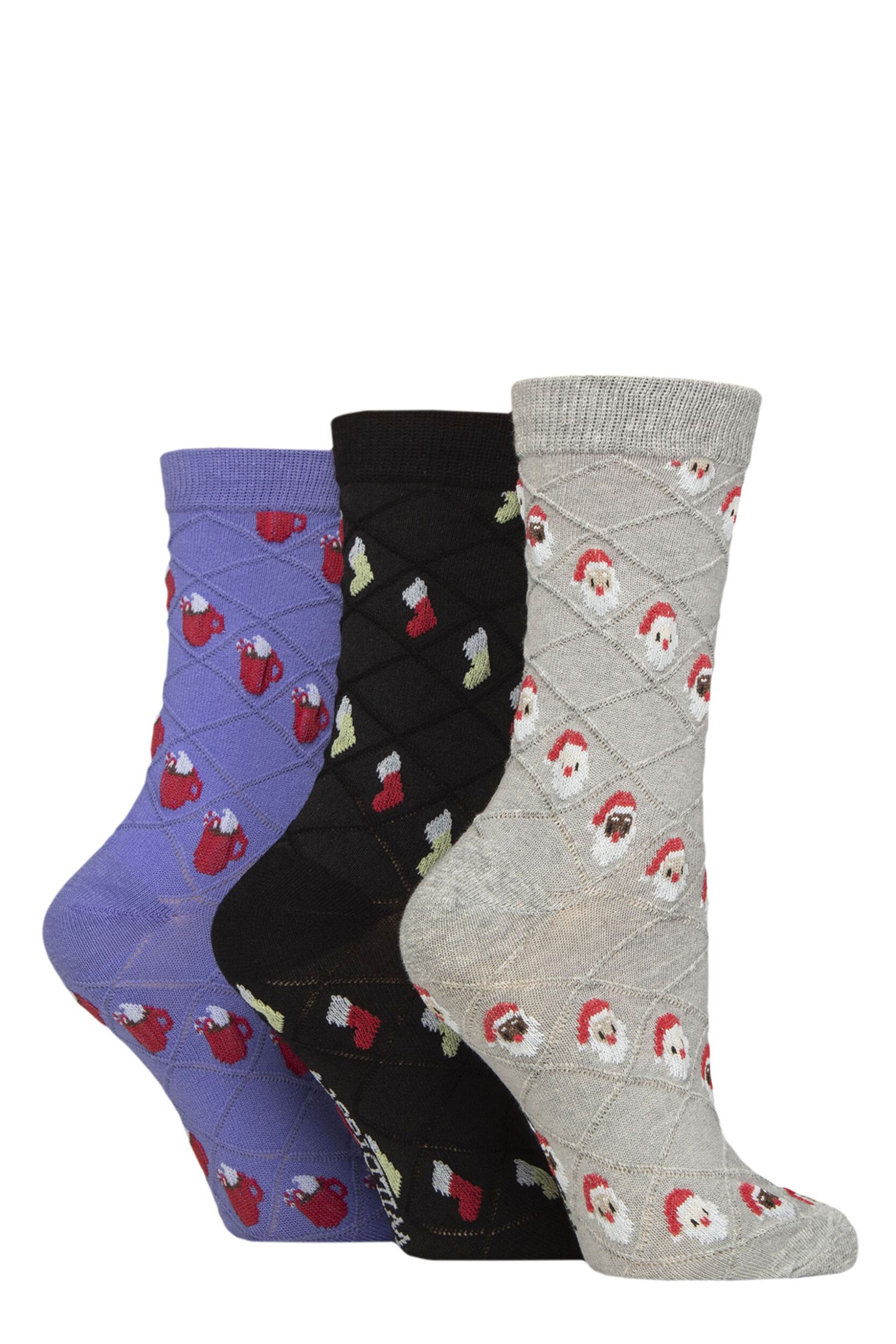 Women's 3 Pair SOCKSHOP Wildfeet Textured Knit Cotton Christmas Patterned Socks Santa / Stocking / Hot Drink 4-8