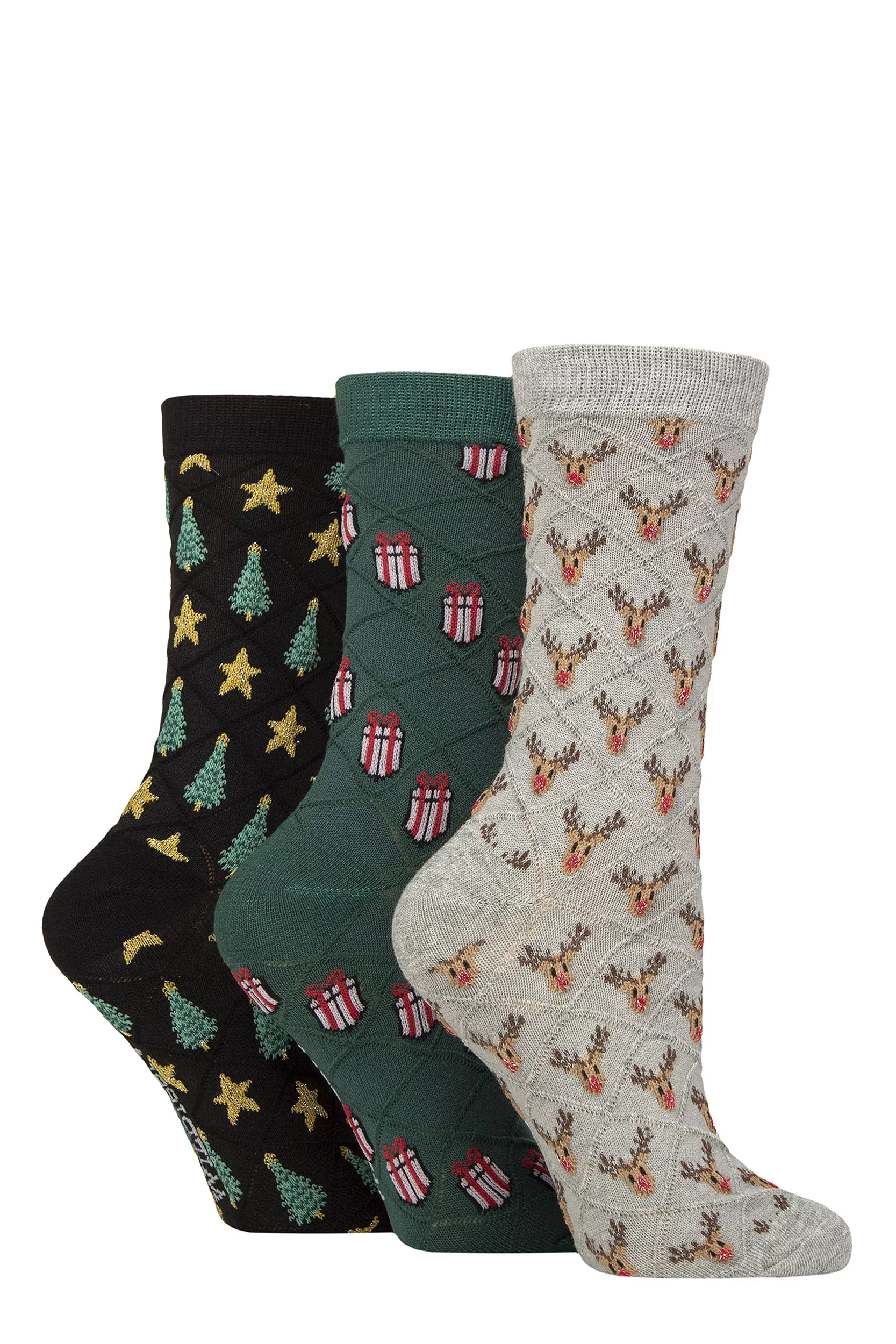 Women's 3 Pair SOCKSHOP Wildfeet Textured Knit Cotton Christmas Patterned Socks Rudolph / Presents / Trees 4