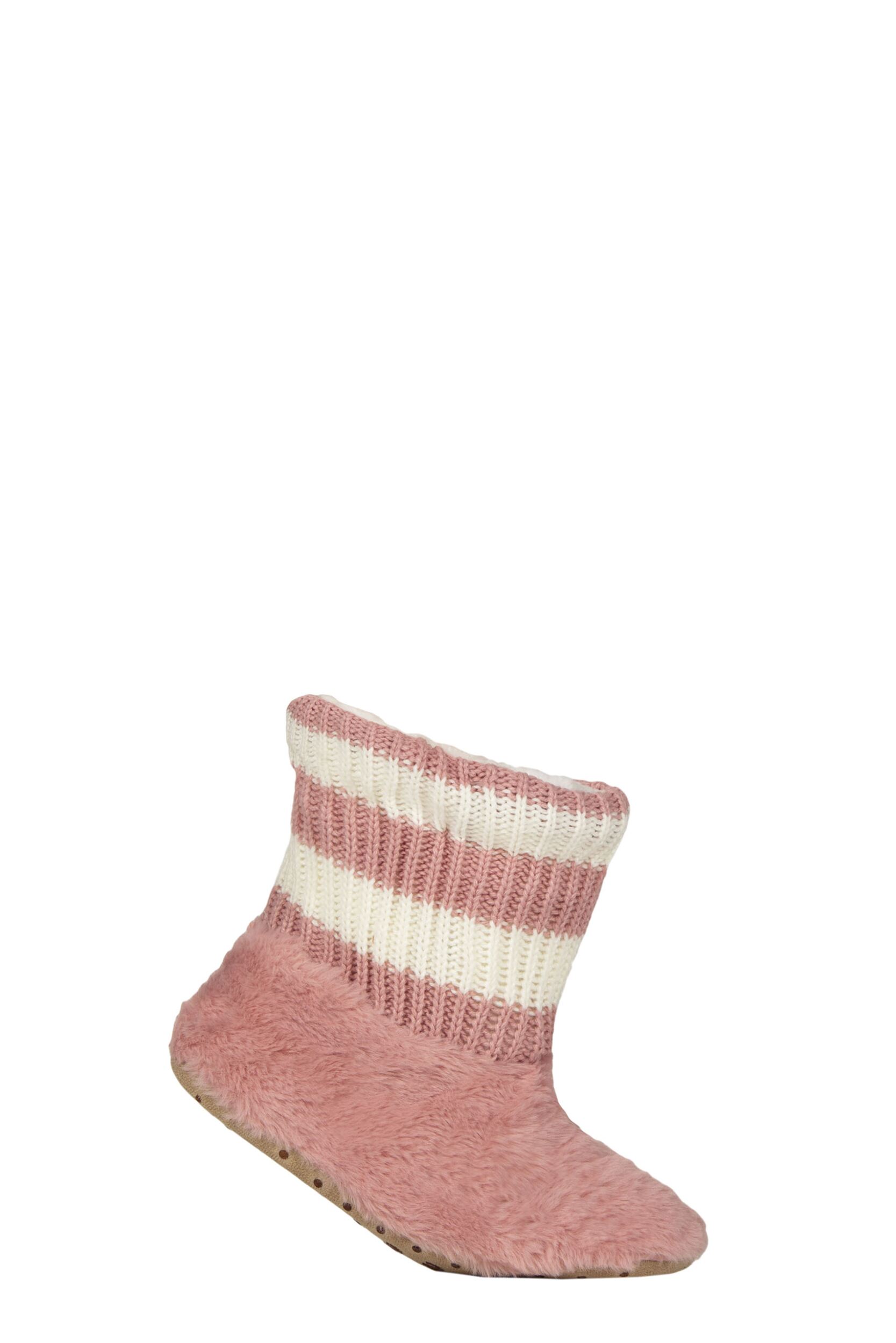 Women's 1 Pair SOCKSHOP Wildfeet Slipper Boots Pink / Cream Stripe 4-8 Womens
