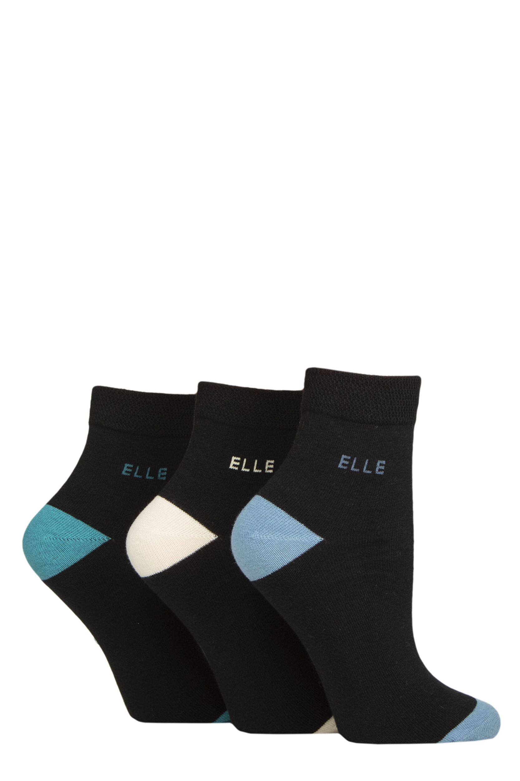 Women's 3 Pair Elle Plain, Striped and Patterned Cotton Anklets with Smooth Toes Black / Blue Contrast 4-8