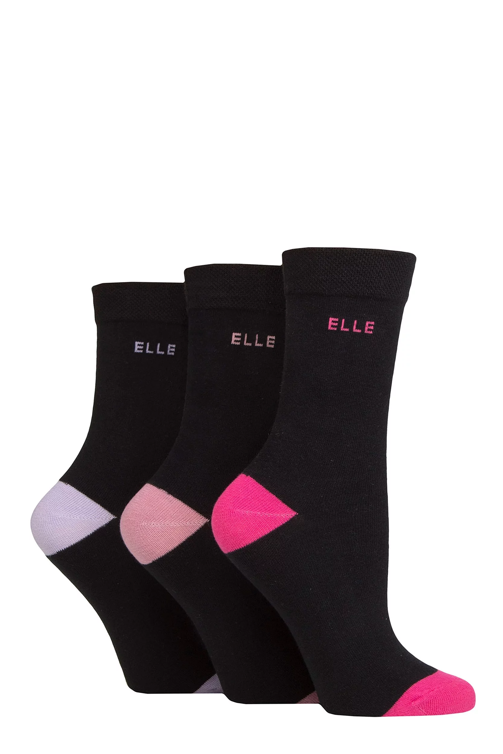 Women's 3 Pair Elle Plain, Striped and Patterned Cotton Socks with Smooth Toes Pink Contrast 4