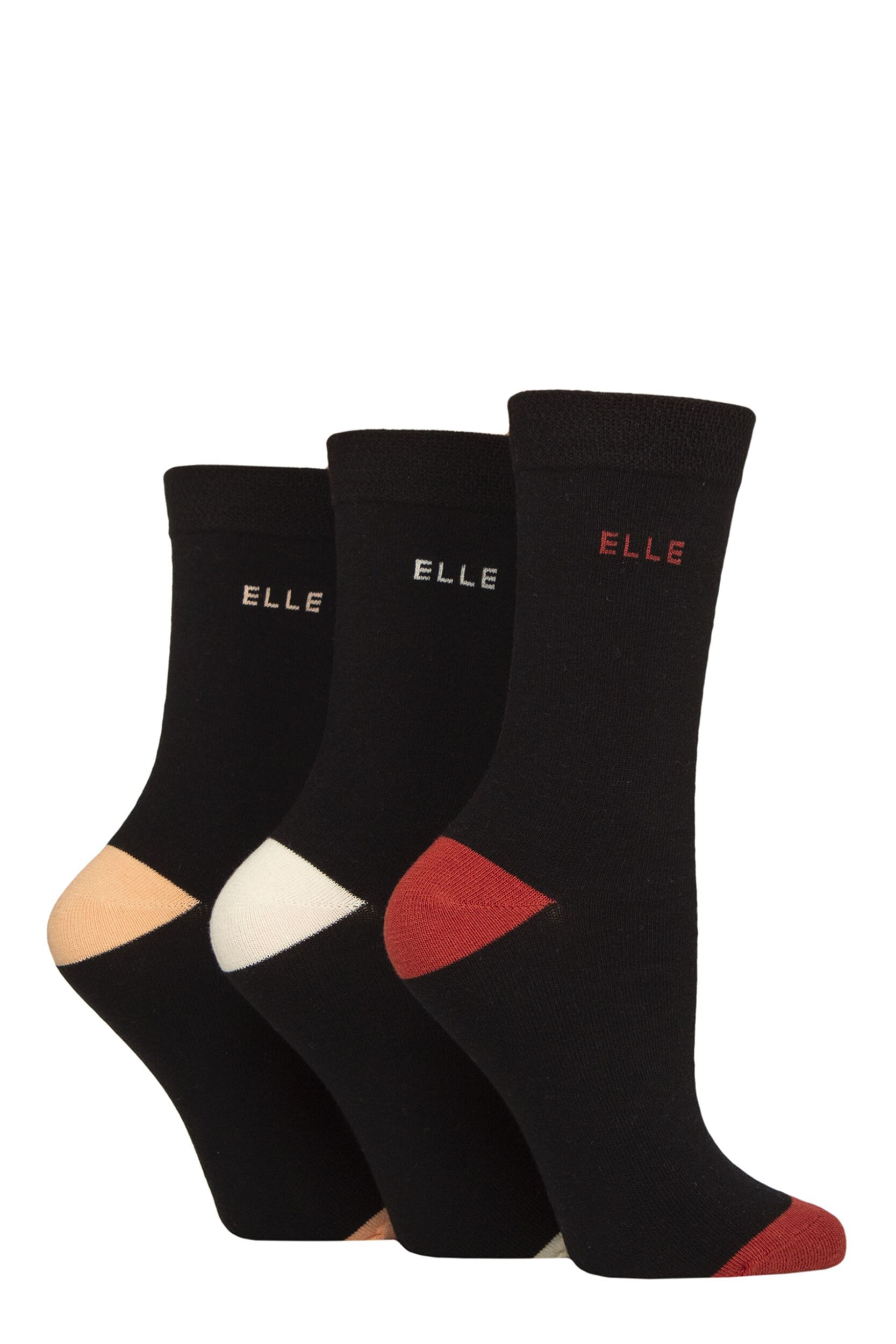 Image of Women's 3 Pair Elle Plain, Striped and Patterned Cotton Socks with Smooth Toes Wild Poppy Contrast 4-8