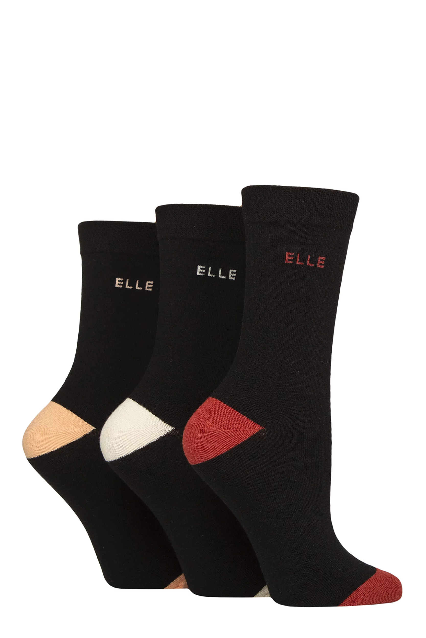 Women's 3 Pair Elle Plain, Striped and Patterned Cotton Socks with Smooth Toes Wild Poppy Contrast 4