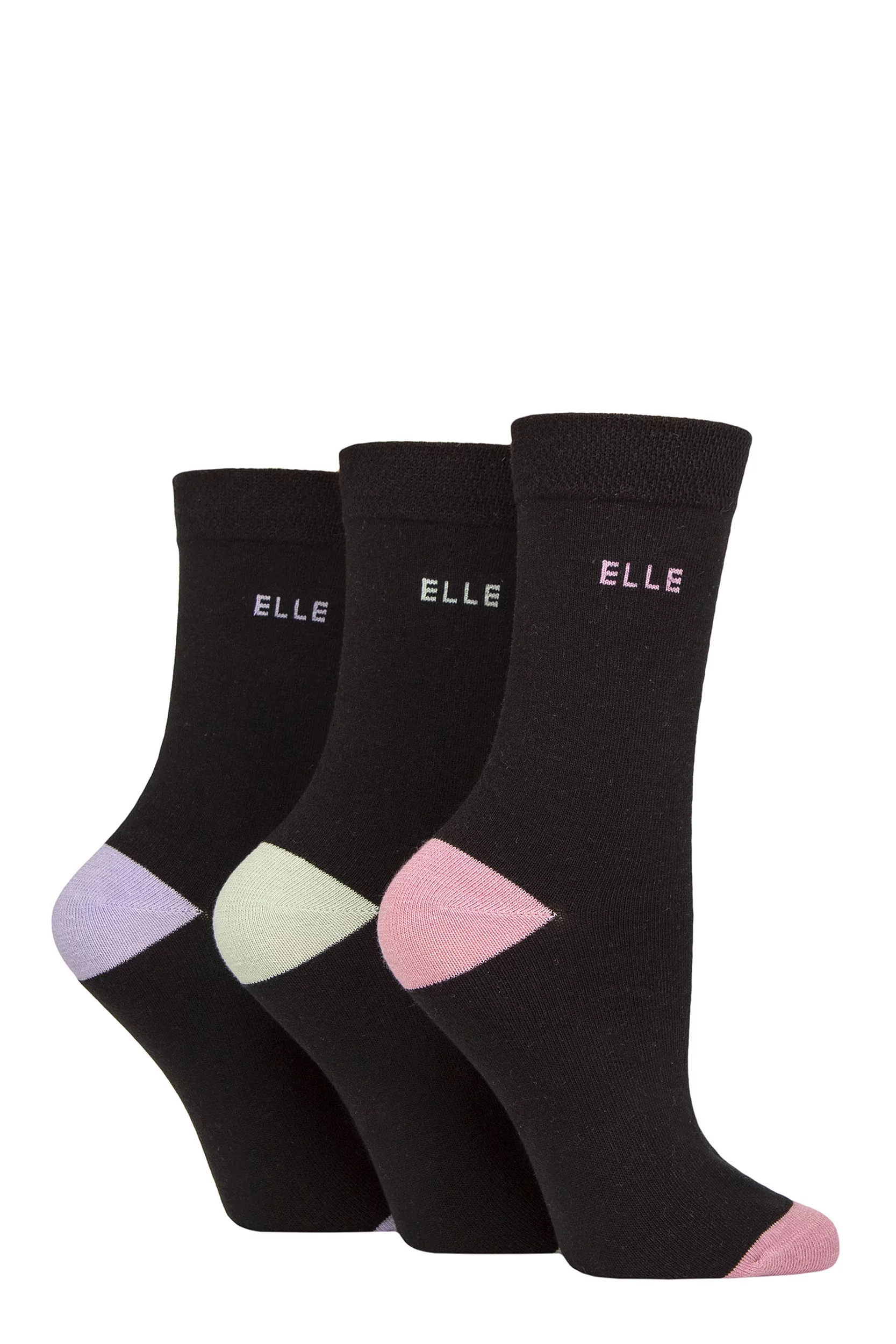Women's 3 Pair Elle Plain, Striped and Patterned Cotton Socks with Smooth Toes Soft Pastel Contrast 4