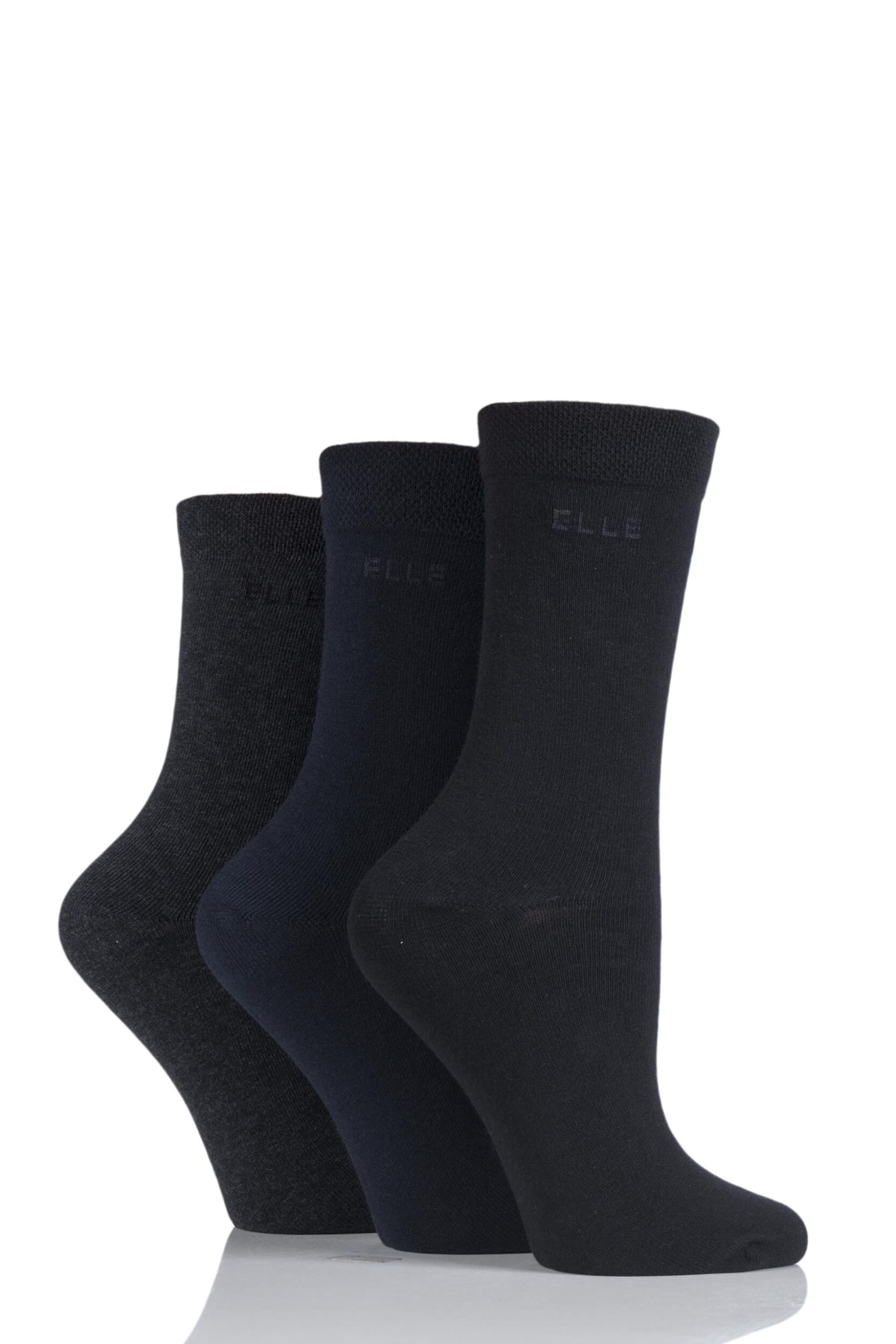 3 Pair Black / Navy / Charcoal Plain Comfort Cuff Cotton Socks with Hand Linked Toes Ladies 4-8 Ladies - Elle