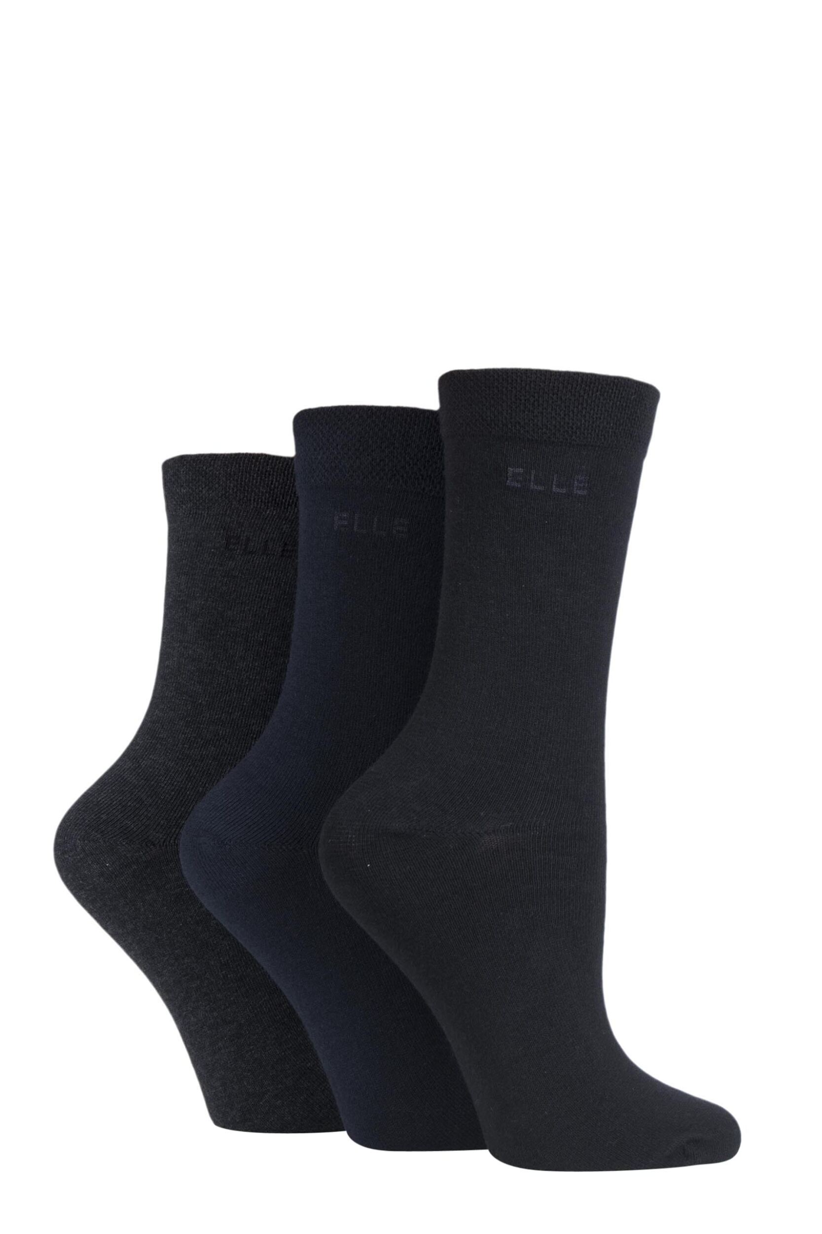 Image of 3 Pair Black / Navy / Charcoal Plain Comfort Cuff Cotton Socks with Hand Linked Toes Ladies 4-8 Ladies - Elle