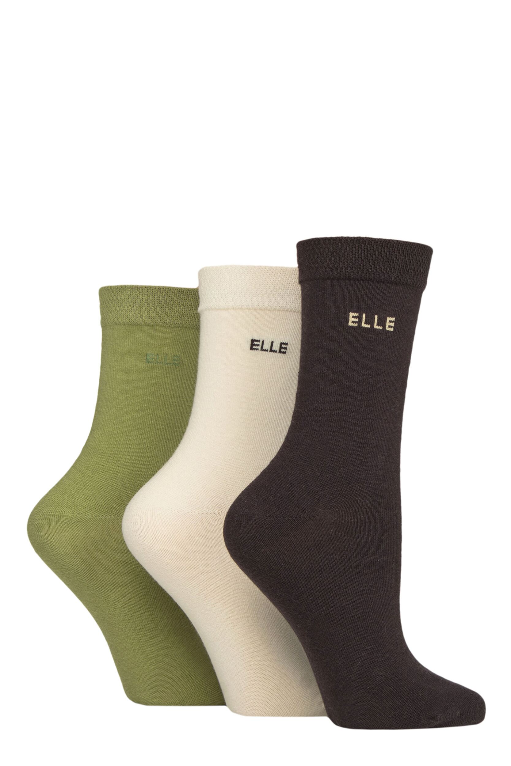 Image of Women's 3 Pair Elle Plain, Striped and Patterned Cotton Socks with Smooth Toes Plain Forager 4-8