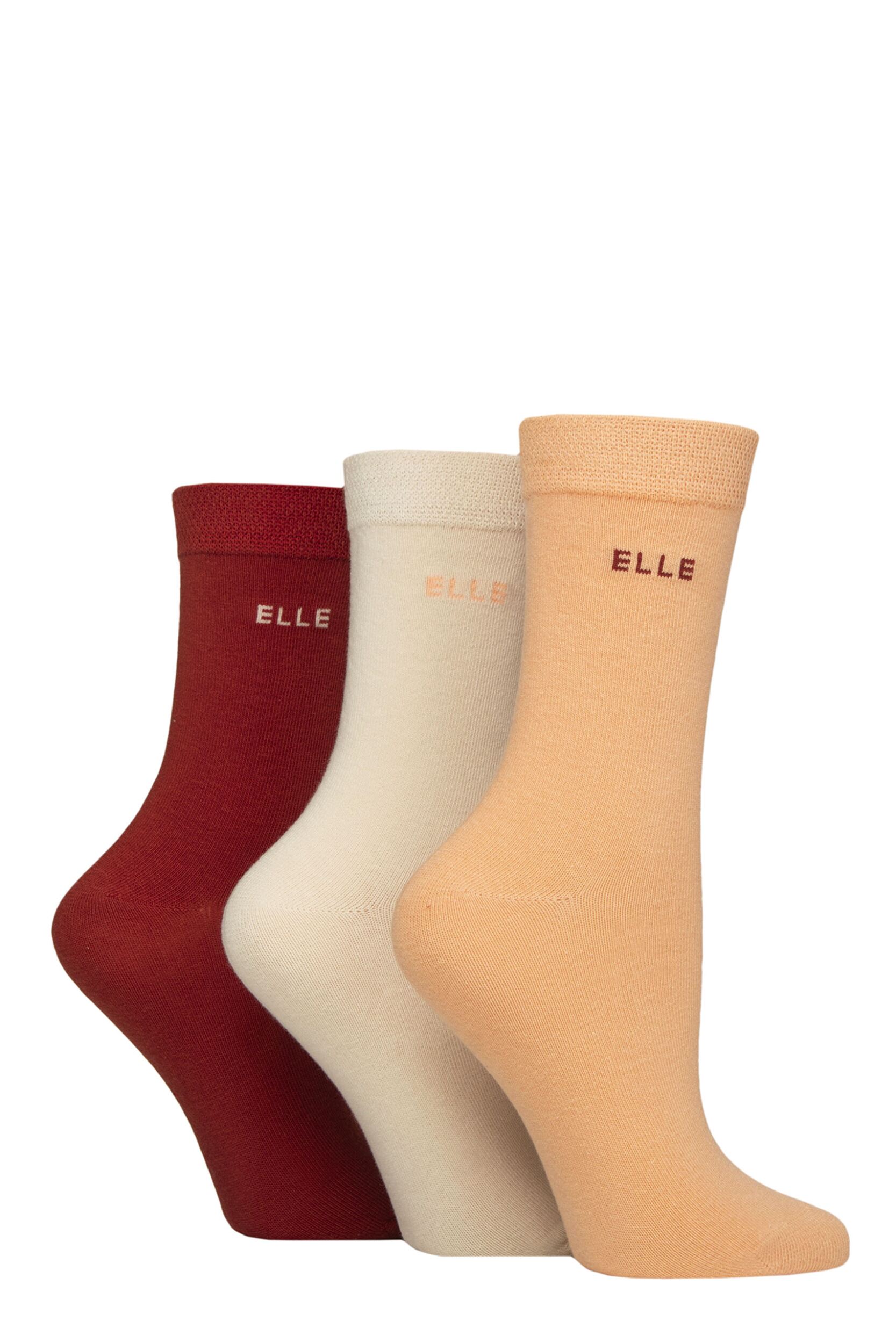 Image of Women's 3 Pair Elle Plain, Striped and Patterned Cotton Socks with Smooth Toes Plain Wild Poppy 4-8
