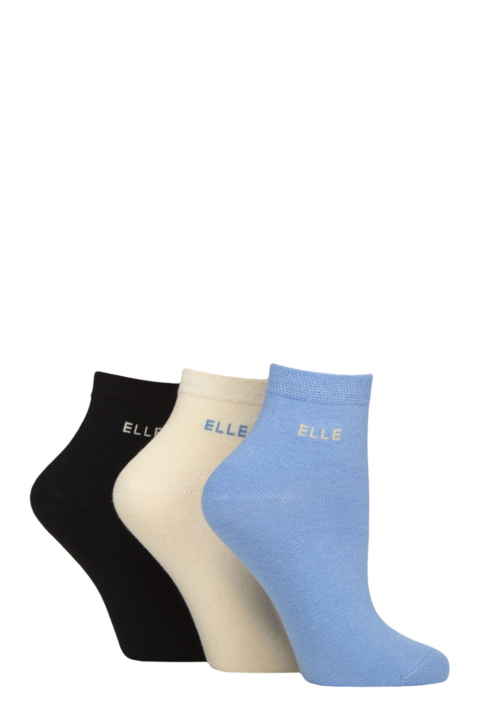 Women's 3 Pair Elle Plain, Striped and Patterned Cotton Anklets with Smooth Toes Leopard Noir Plain 4-8