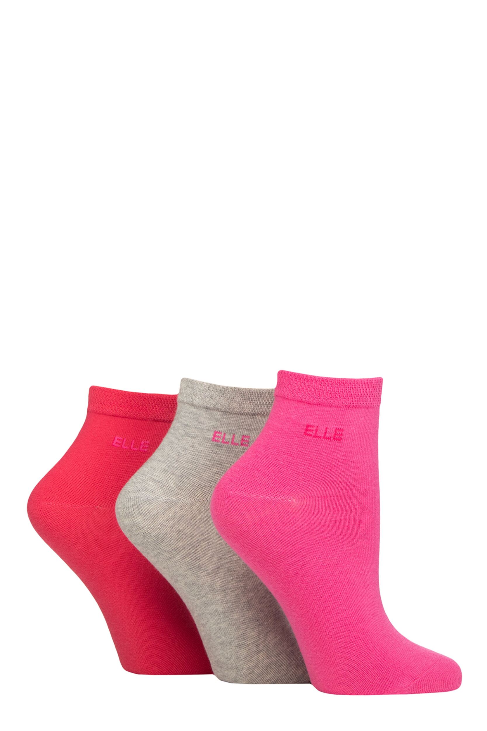 Women's 3 Pair Elle Plain, Striped and Patterned Cotton Anklets with Smooth Toes Cherry Fizz Plain 4-8