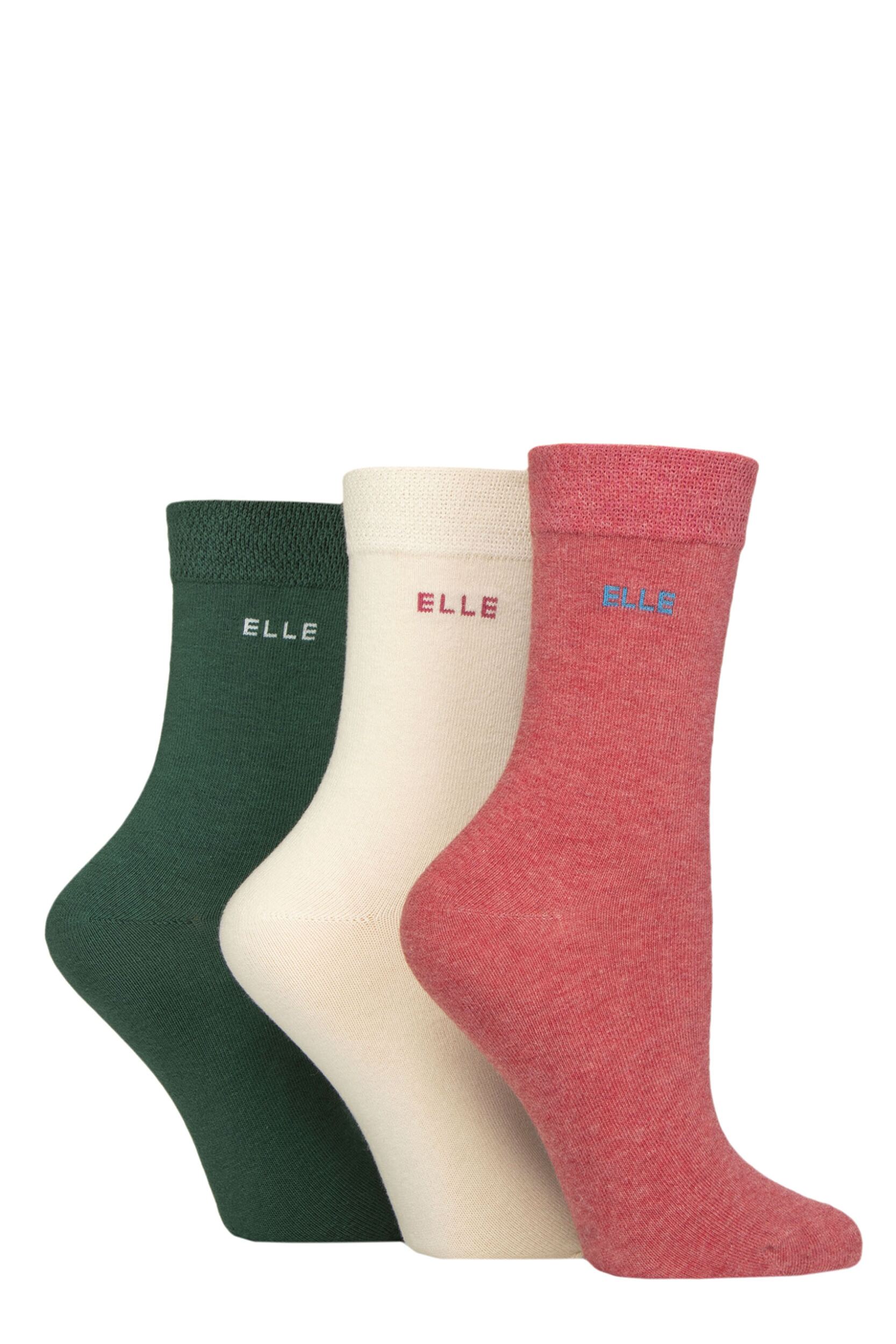 Image of Women's 3 Pair Elle Plain, Striped and Patterned Cotton Socks with Smooth Toes Cinnamon Plain 4-8