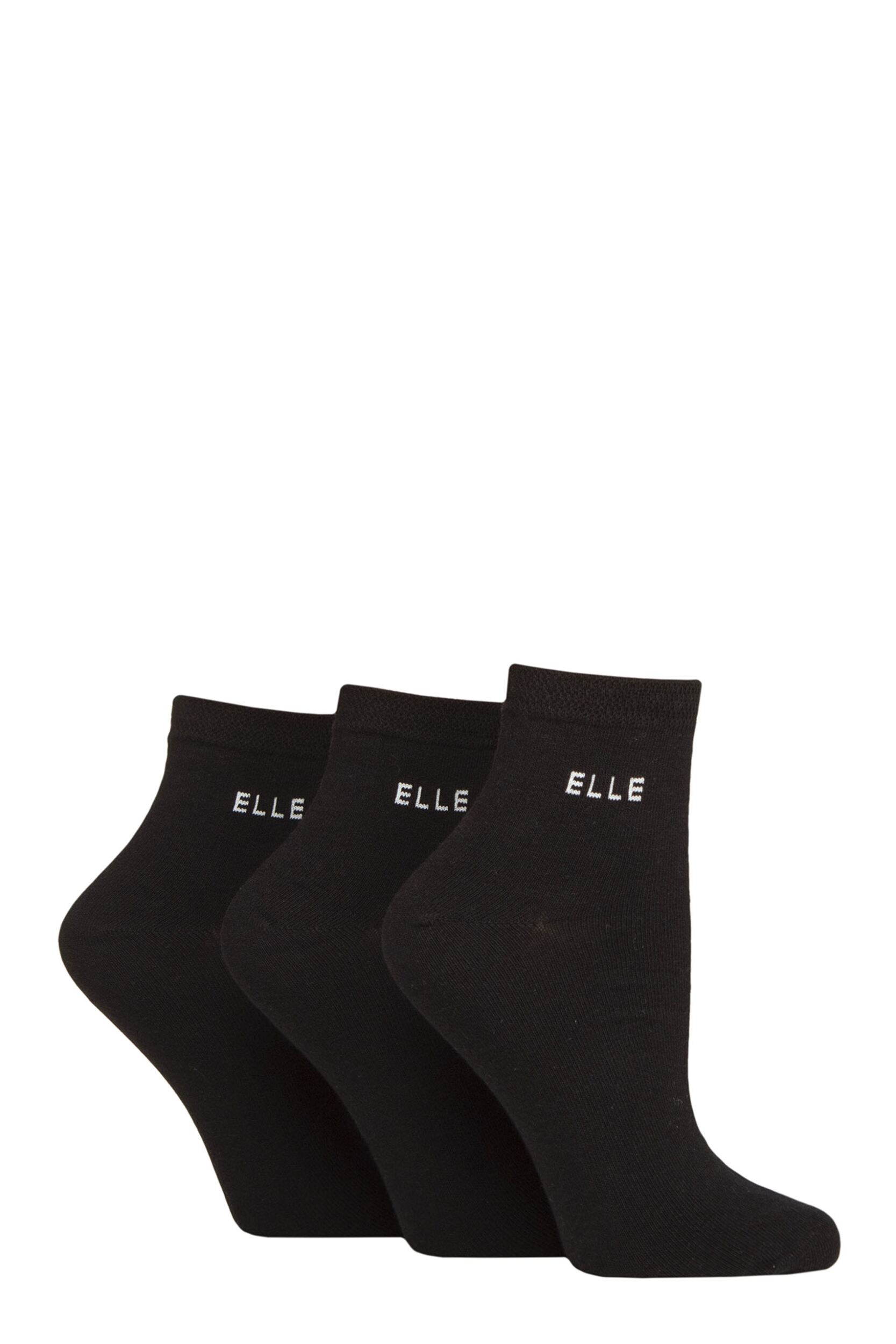 Women's 3 Pair Elle Plain, Striped and Patterned Cotton Anklets with Smooth Toes Black 4-8