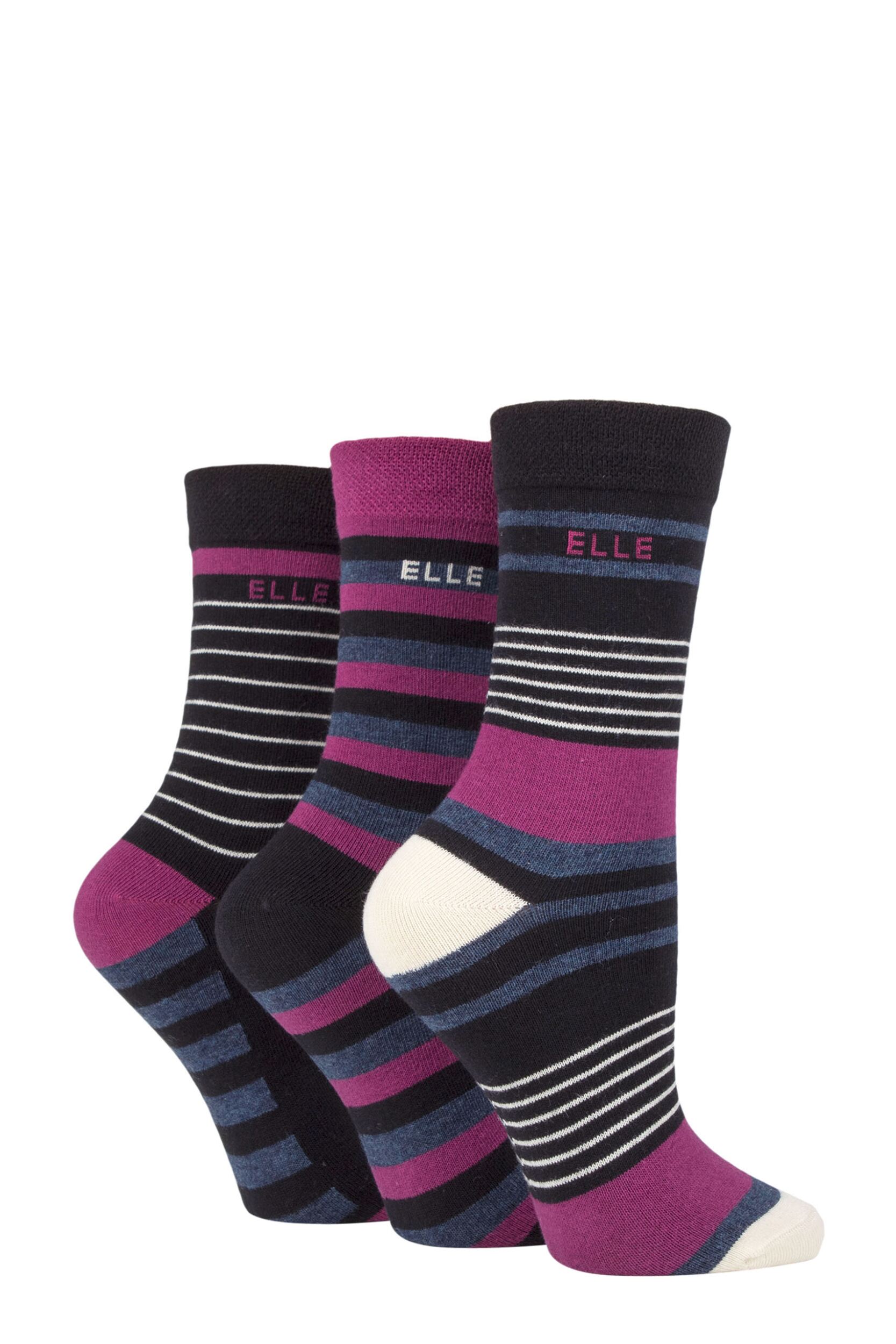 Women's 3 Pair Elle Plain, Striped and Patterned Cotton Socks with Smooth Toes Black/Blackbird Stripe 4-8 Ladies