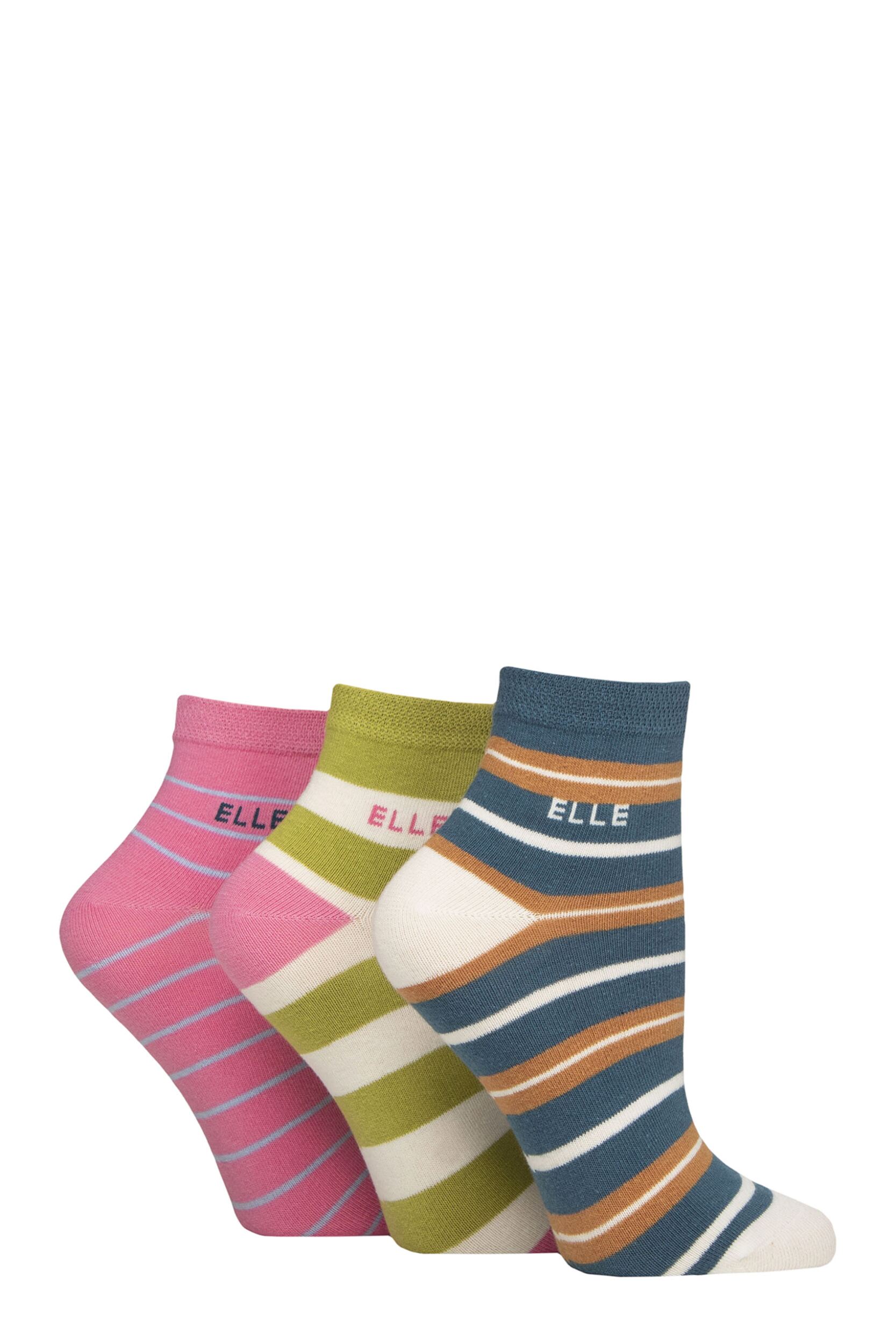 Women's 3 Pair Elle Plain, Striped and Patterned Cotton Anklets with Smooth Toes Coastal Joy Striped 4-8