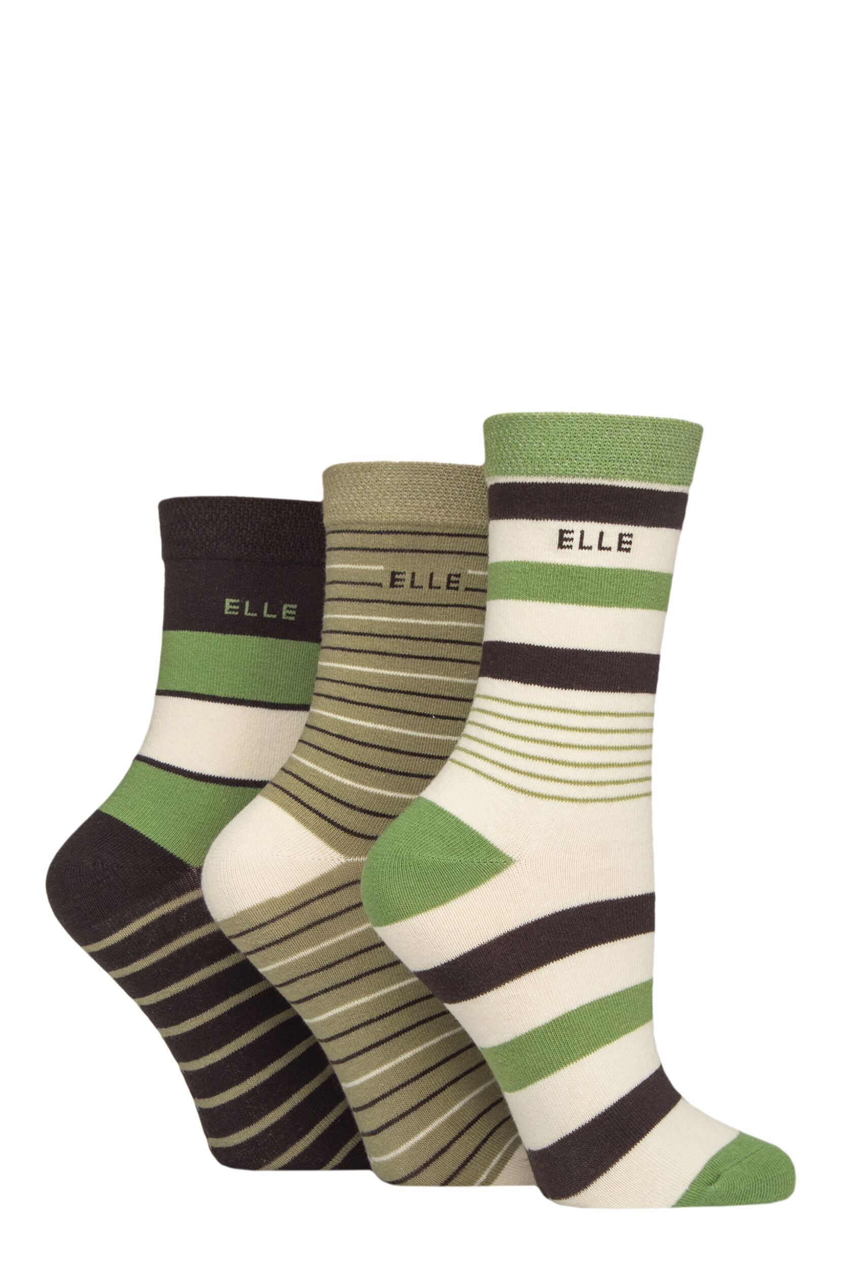 Image of Women's 3 Pair Elle Plain, Striped and Patterned Cotton Socks with Smooth Toes Striped Forager 4-8