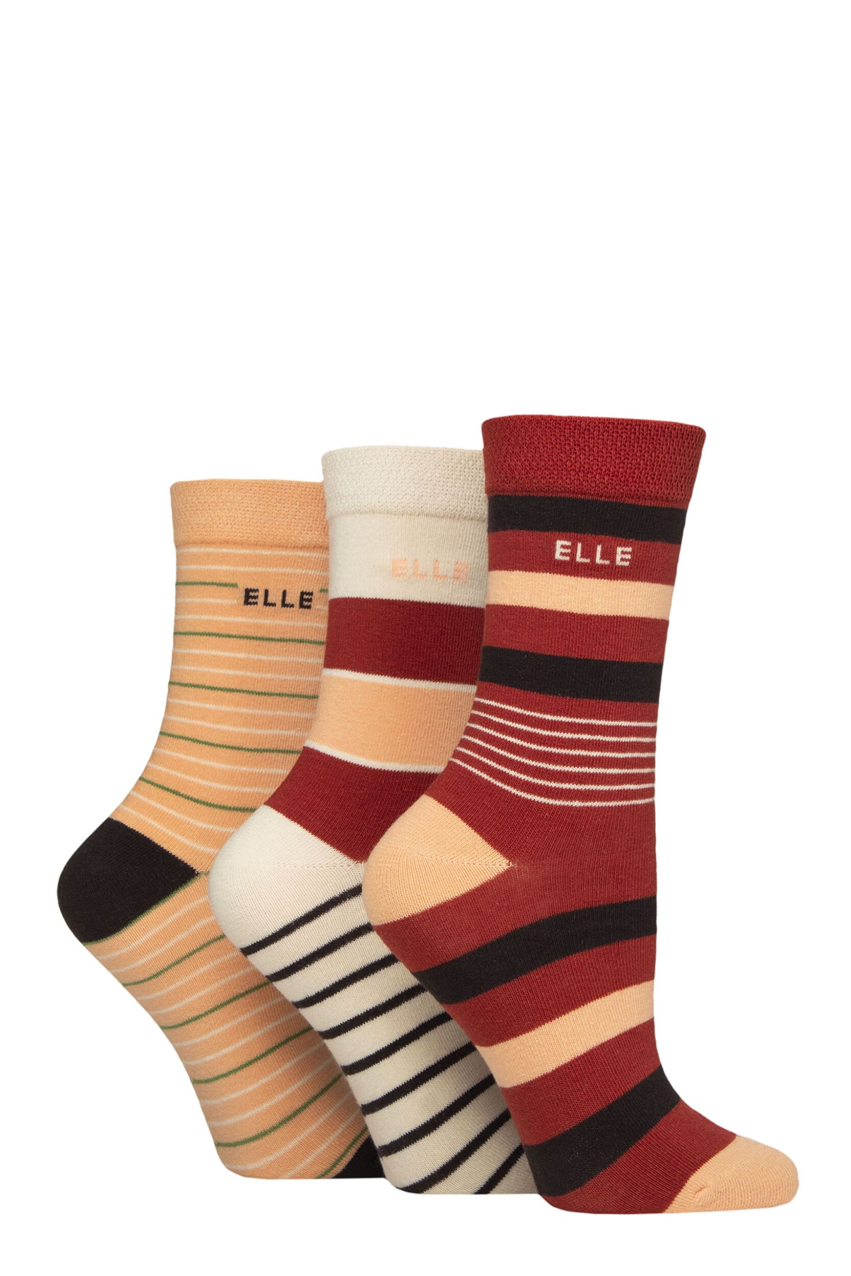 Image of Women's 3 Pair Elle Plain, Striped and Patterned Cotton Socks with Smooth Toes Striped Wild Poppy 4-8