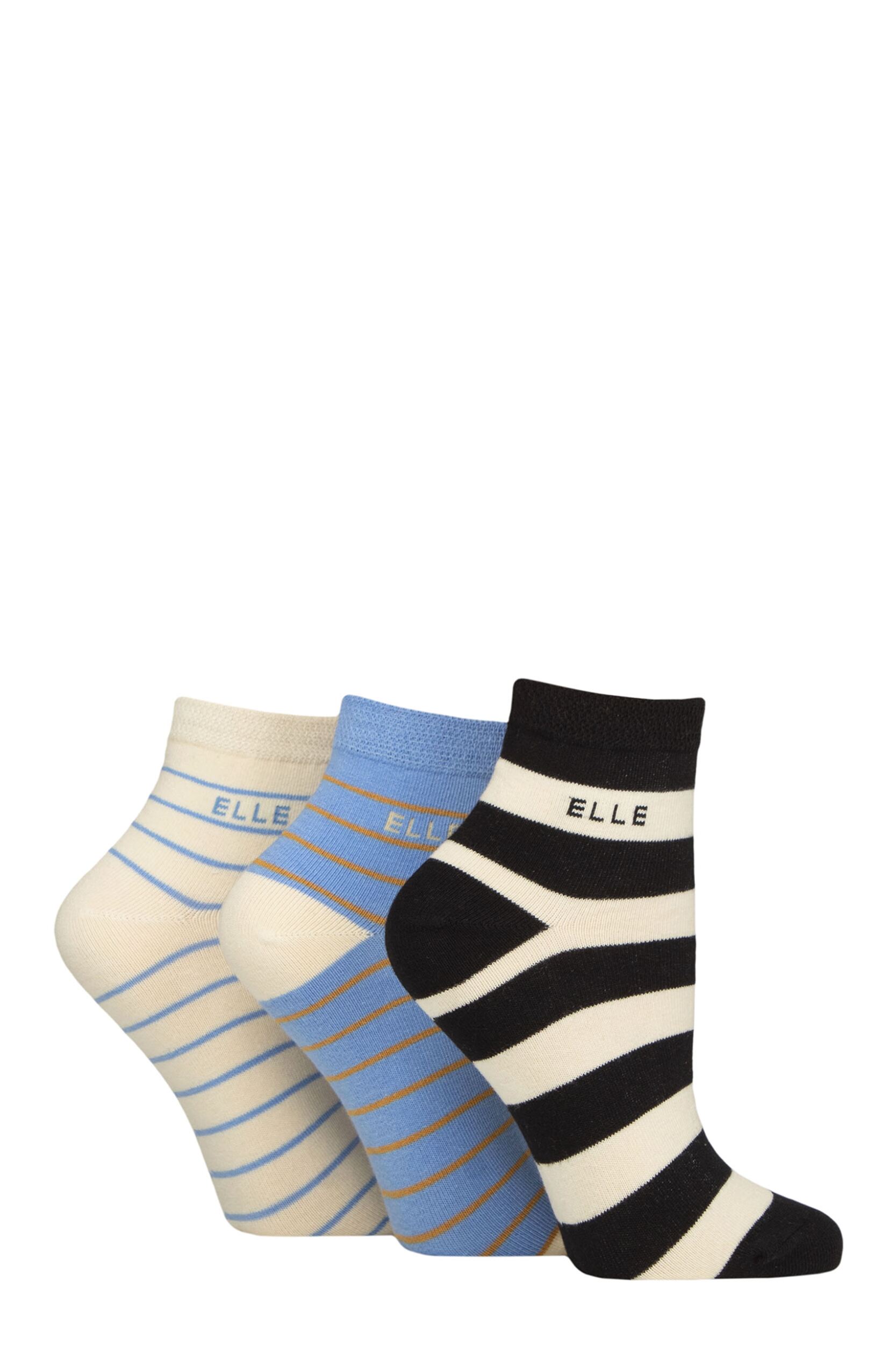 Women's 3 Pair Elle Plain, Striped and Patterned Cotton Anklets with Smooth Toes Leopard Noir Striped 4-8