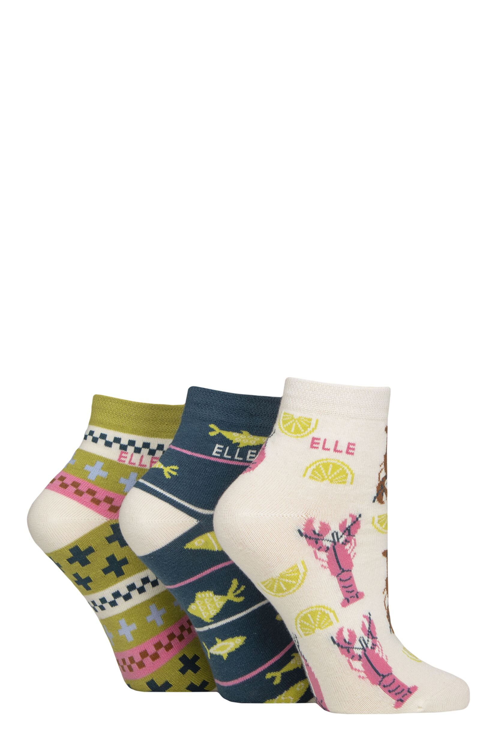 Women's 3 Pair Elle Plain, Striped and Patterned Cotton Anklets with Smooth Toes Coastal Joy Patterned 4-8