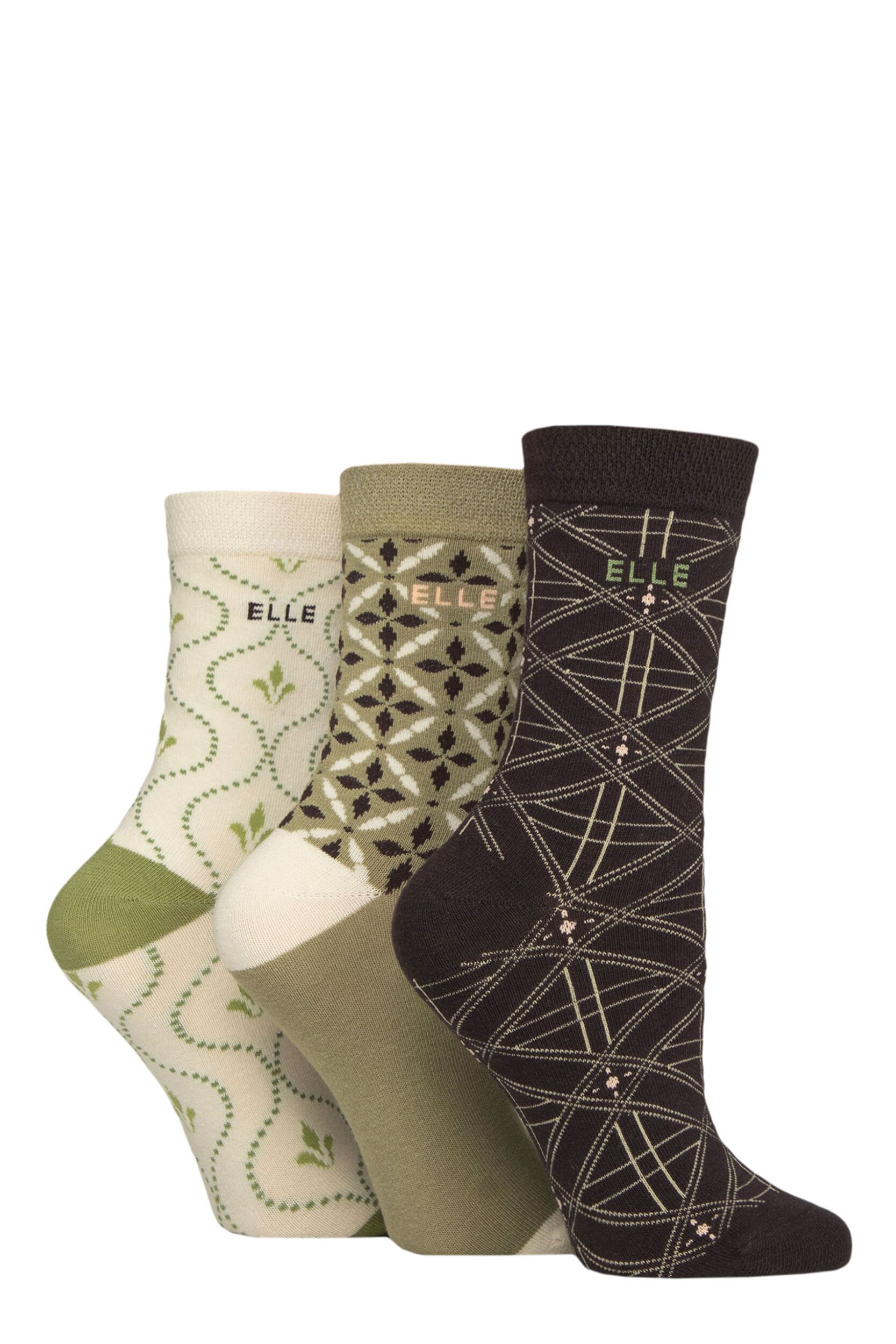 Image of Women's 3 Pair Elle Plain, Striped and Patterned Cotton Socks with Smooth Toes Patterned Forager 4-8