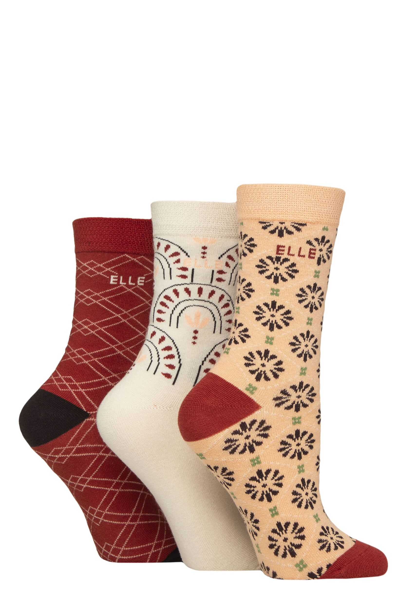 Image of Women's 3 Pair Elle Plain, Striped and Patterned Cotton Socks with Smooth Toes Patterned Wild Poppy 4-8