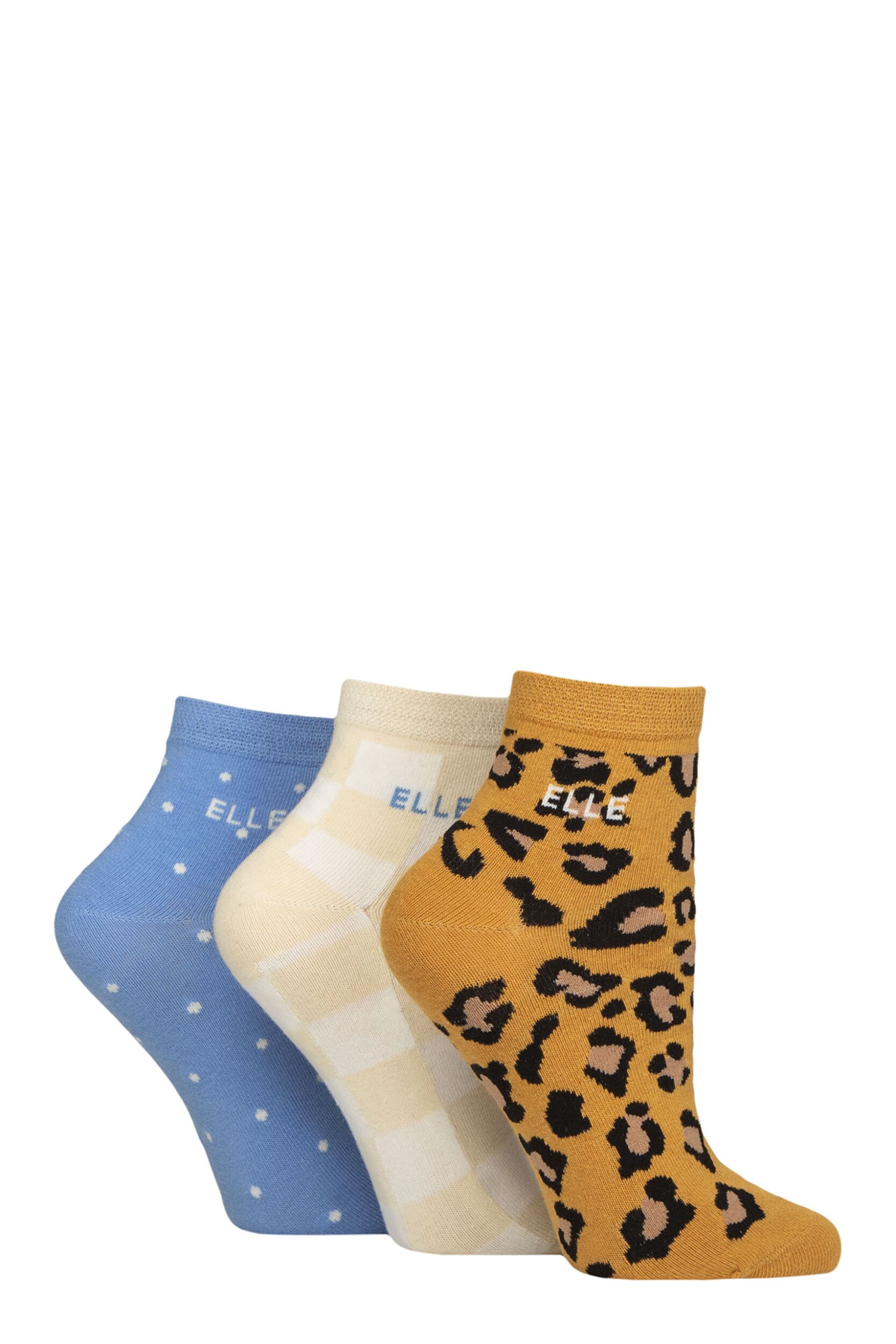 Women's 3 Pair Elle Plain, Striped and Patterned Cotton Anklets with Smooth Toes Leopard Noir Patterned 4-8