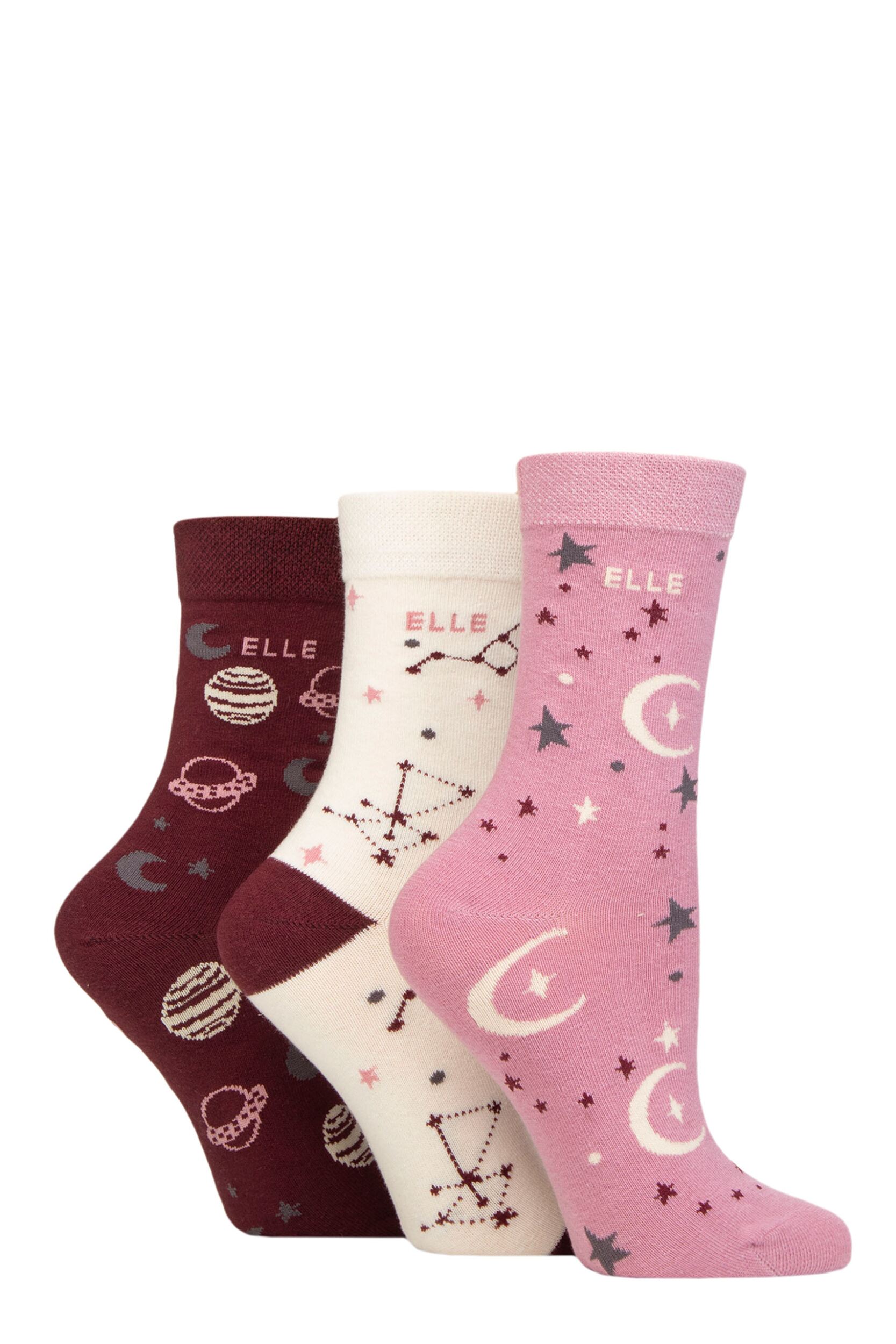 Ladies 3 Pair Elle Plain, Striped and Patterned Cotton Socks with Smooth Toes Smokey Pink Patterned 4-8