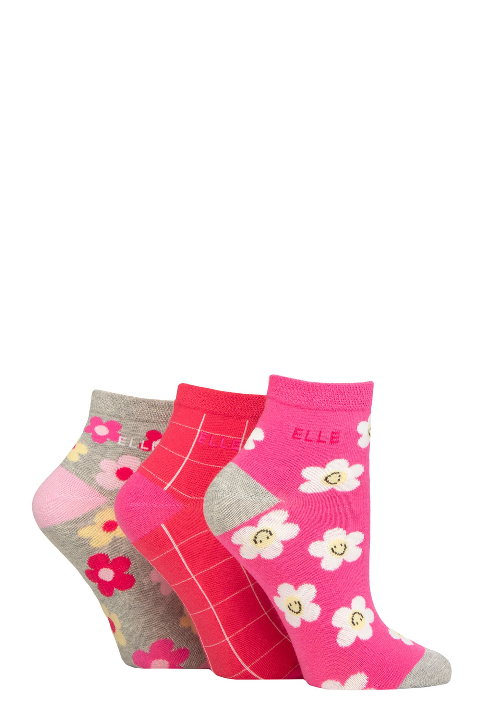 Women's 3 Pair Elle Plain, Striped and Patterned Cotton Anklets with Smooth Toes Cherry Fizz Patterned 4-8
