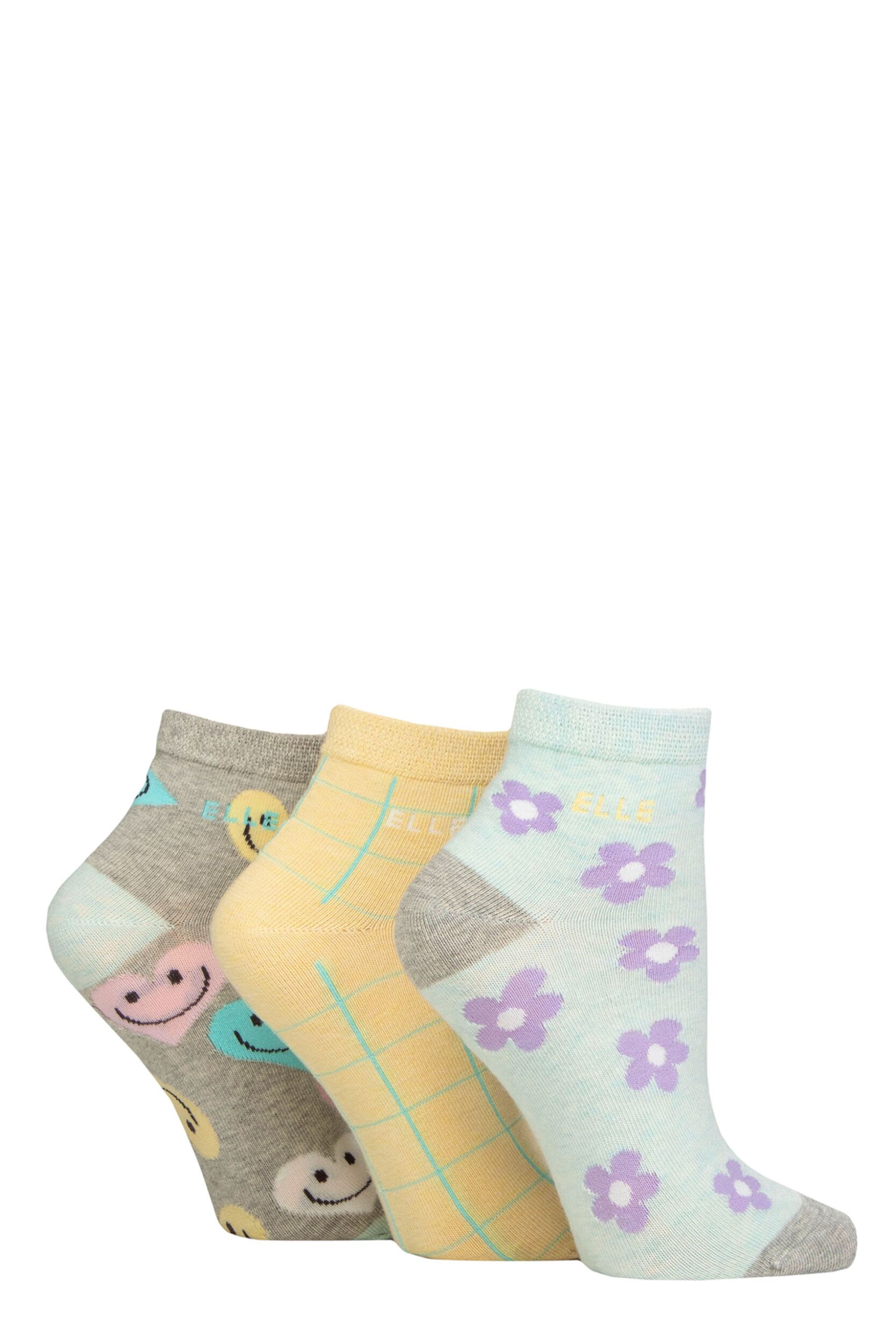 Women's 3 Pair Elle Plain, Striped and Patterned Cotton Anklets with Smooth Toes Fresh Mint Patterned 4-8