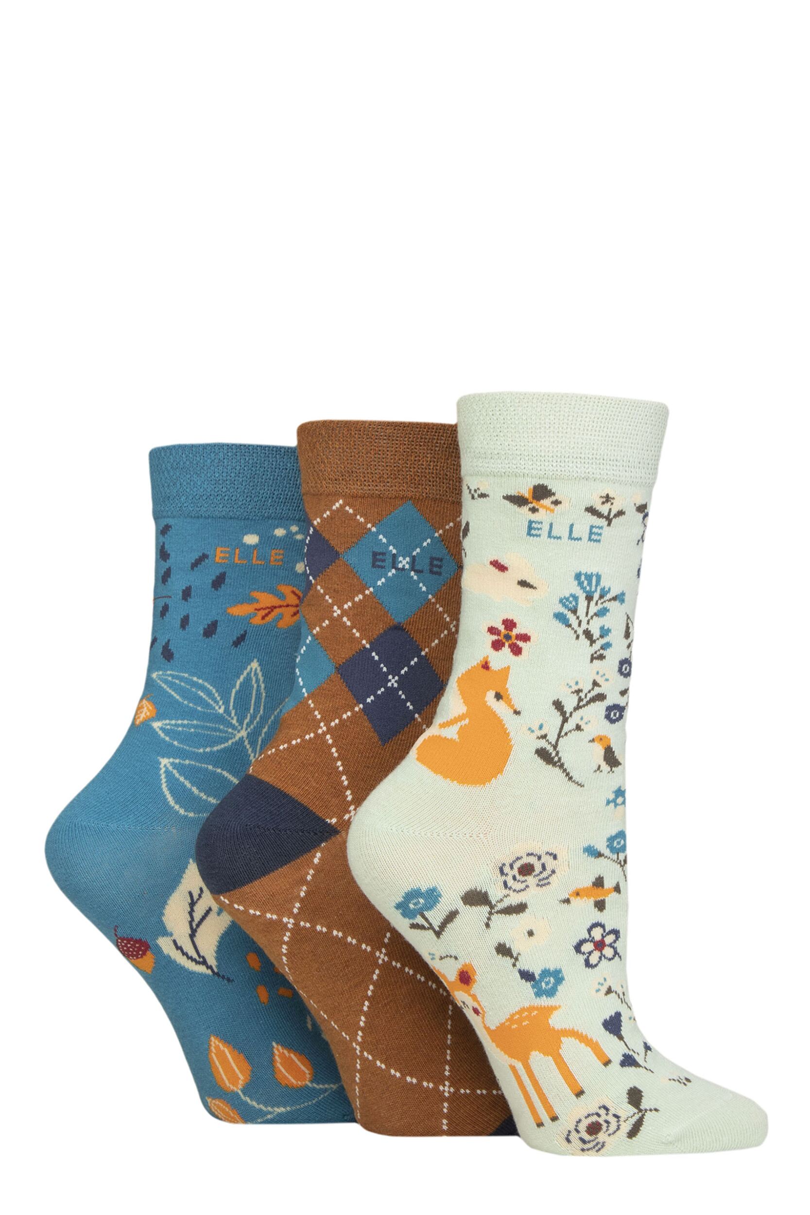 Women's 3 Pair Elle Plain, Striped and Patterned Cotton Socks with Smooth Toes Storm Patterned 4-8