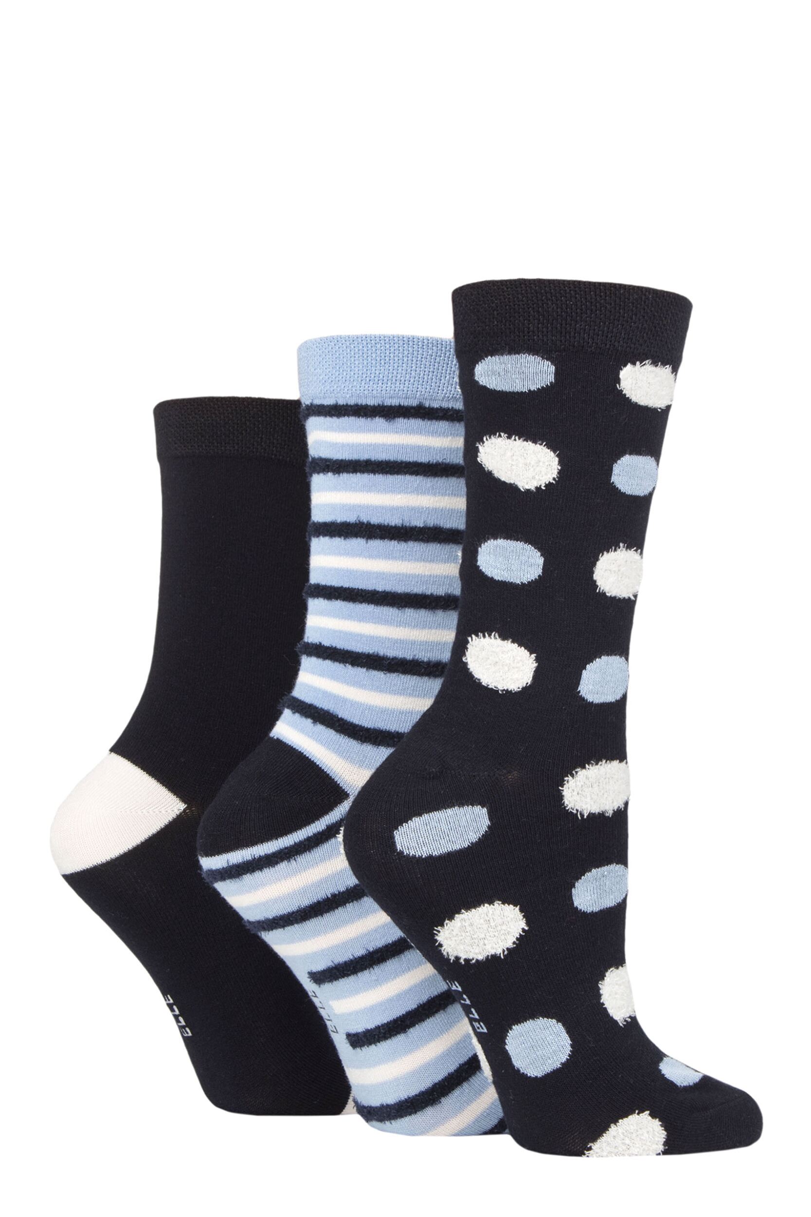 Women's 3 Pair Elle Spotty and Stripe Feather Bamboo Socks Navy / Blue 4-8 Ladies