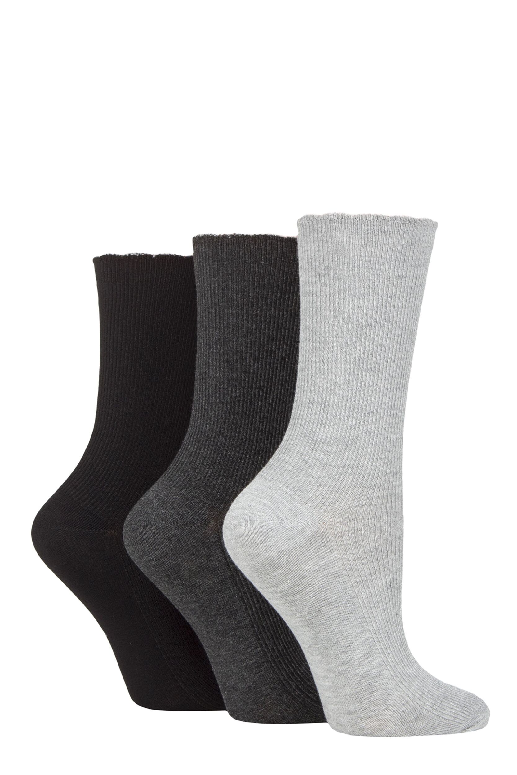Women's 3 Pair Elle Ribbed Bamboo Socks with Scallop Top Black / Charc / Silver Grey 4-8 Ladies