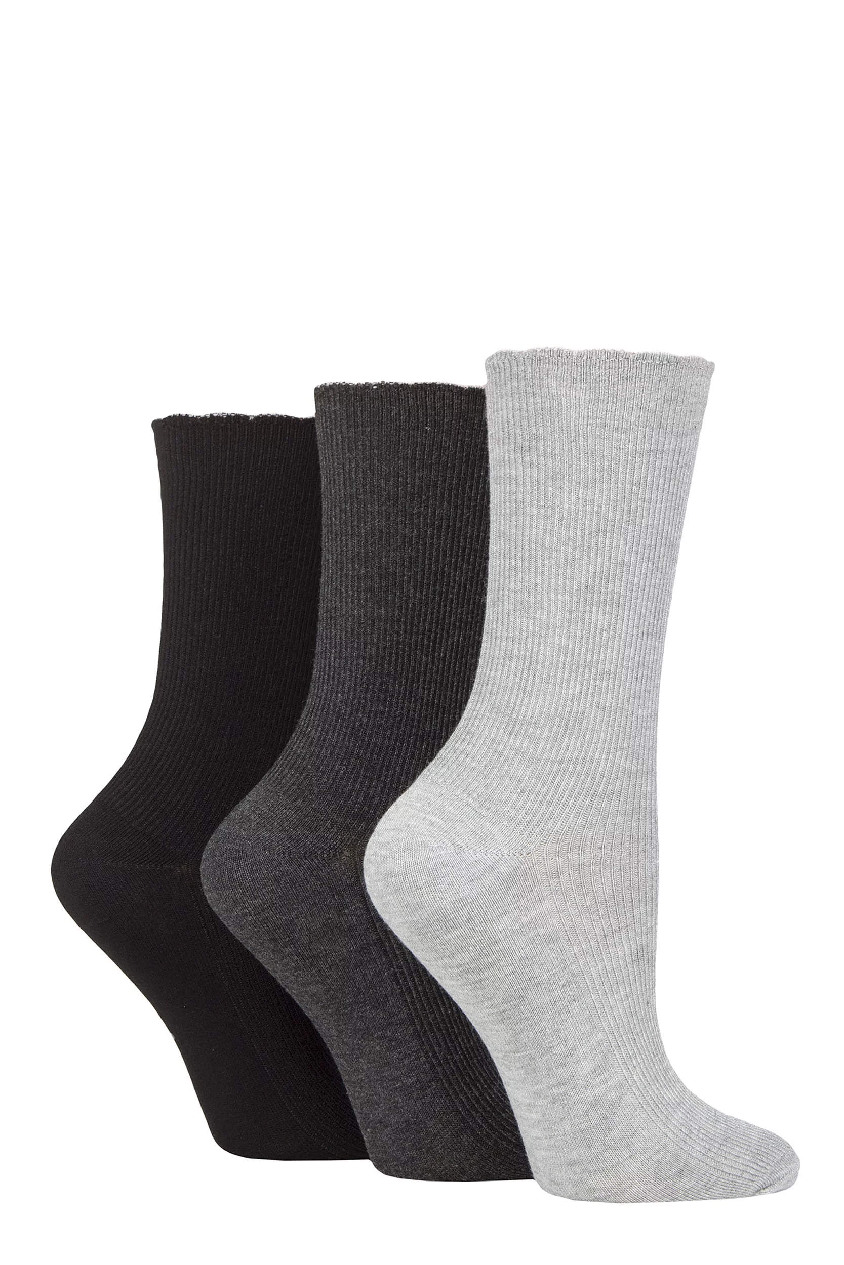 Women's 3 Pair Elle Ribbed Bamboo Socks with Scallop Top Black / Charc / Silver Grey 4-8 Ladies
