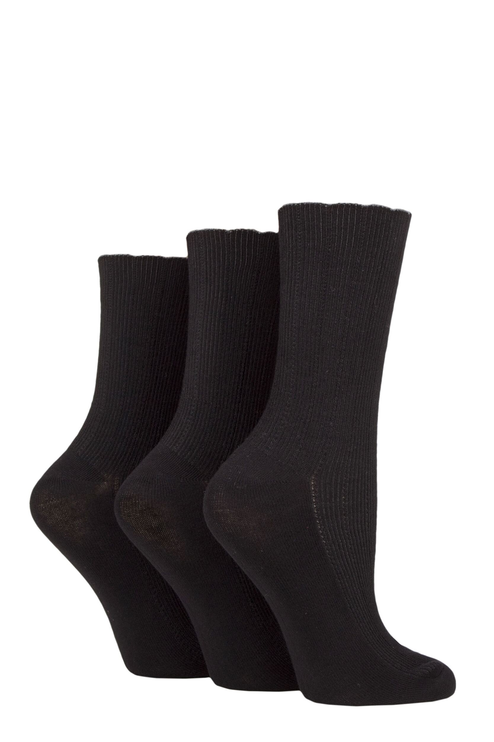 Women's 3 Pair Elle Ribbed Bamboo Socks with Scallop Top Black 4-8 Ladies