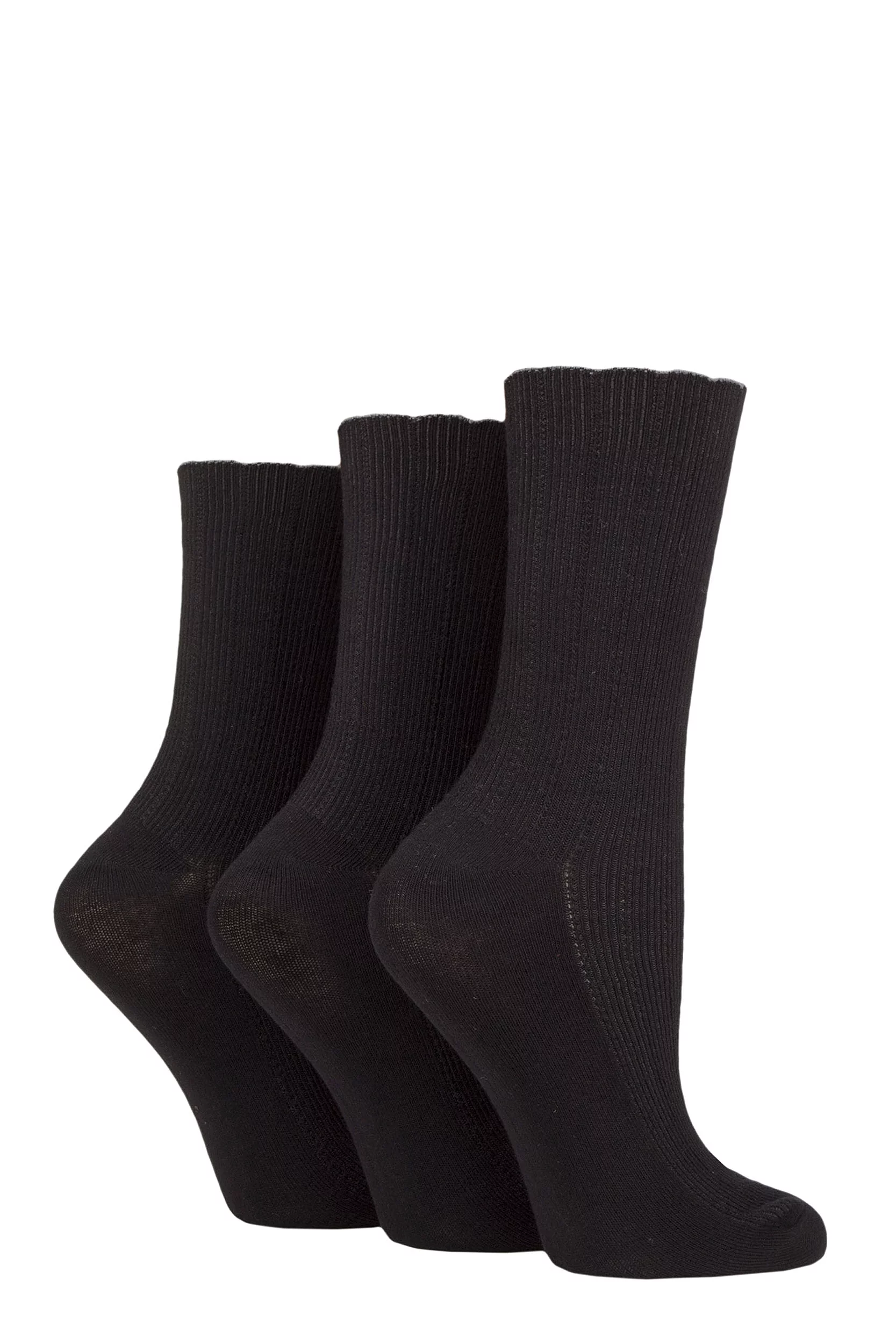 Women's 3 Pair Elle Ribbed Bamboo Socks with Scallop Top Black 4-8 Ladies