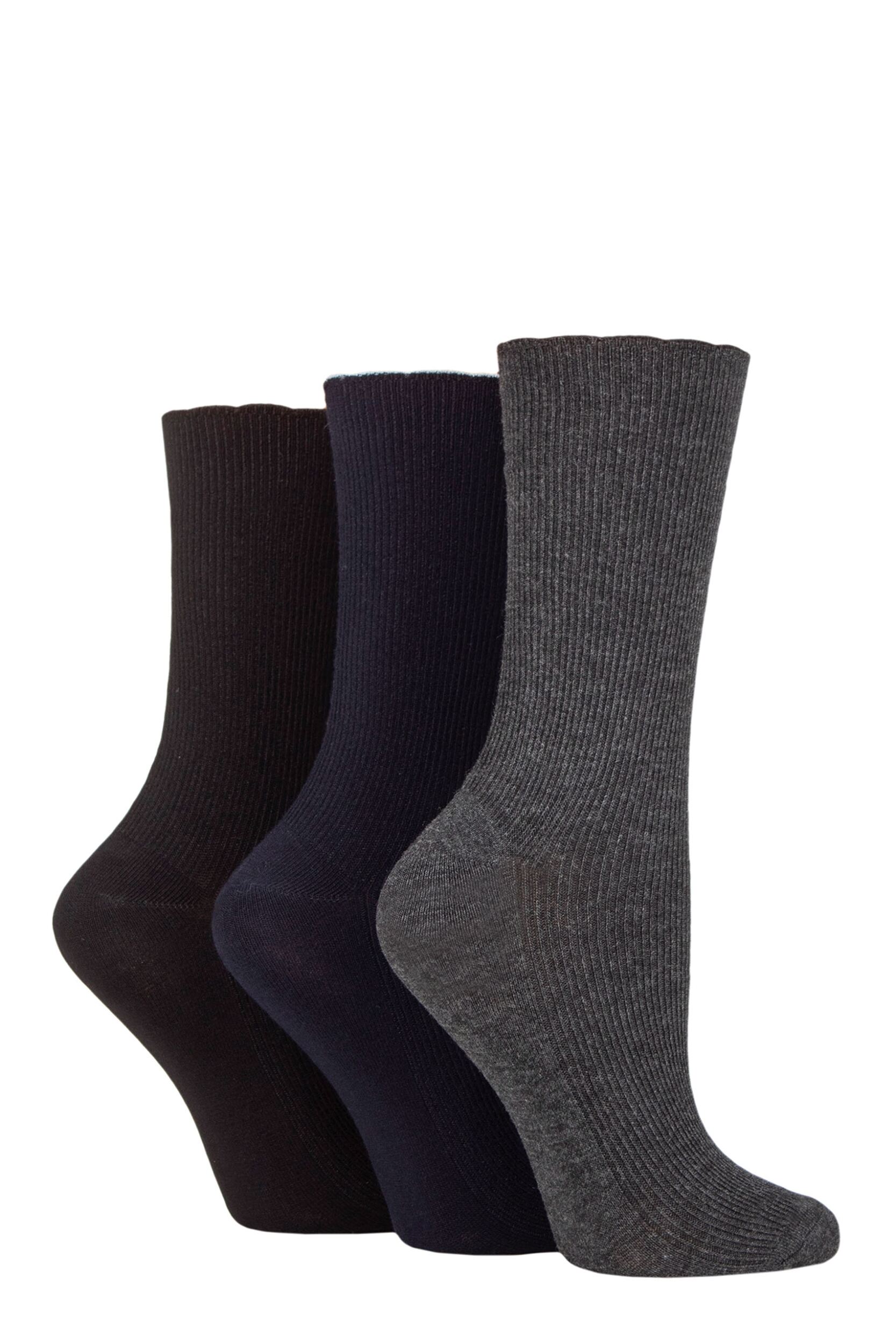Women's 3 Pair Elle Ribbed Bamboo Socks with Scallop Top Black / Navy / Charcoal 4-8 Ladies
