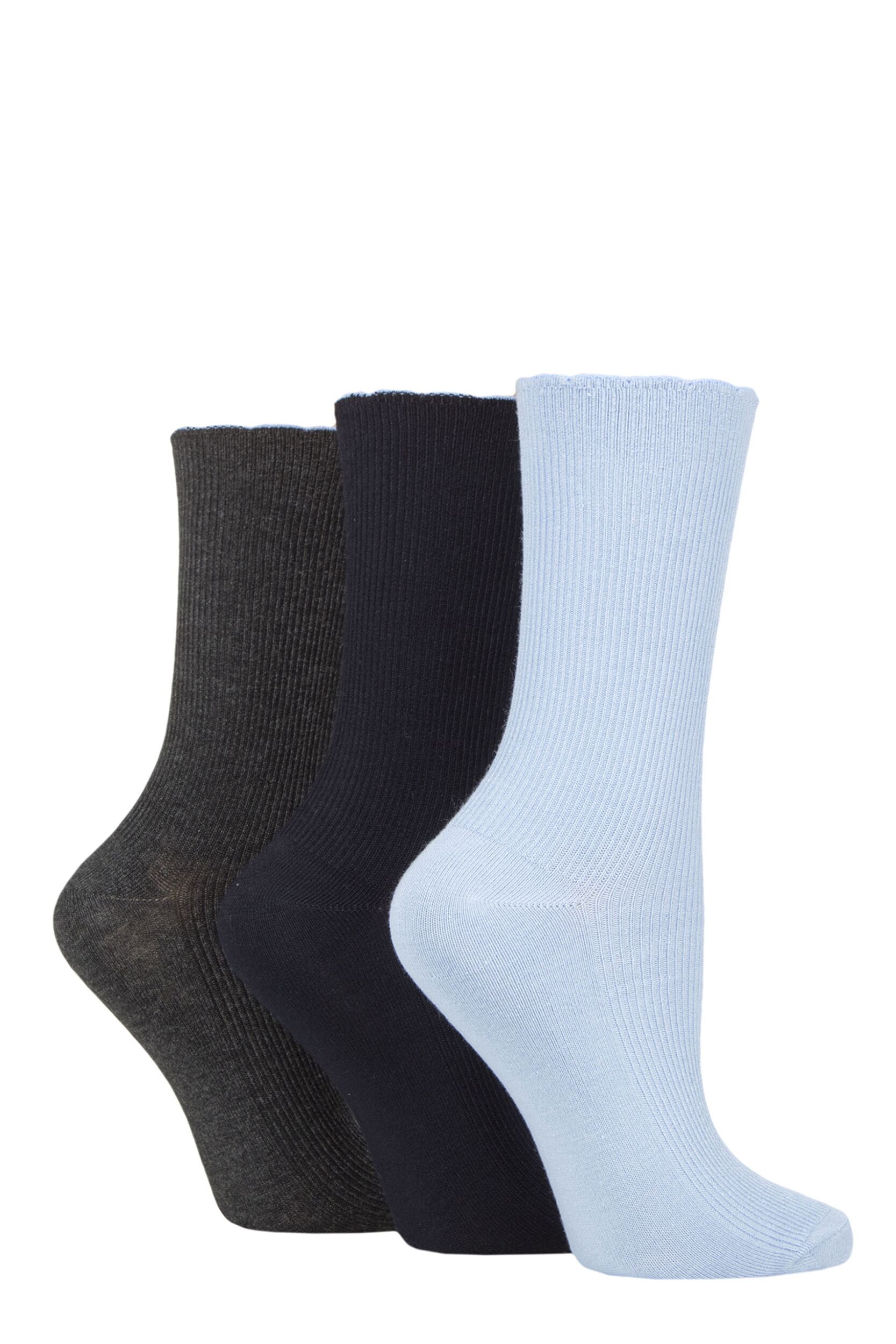 Women's 3 Pair Elle Ribbed Bamboo Socks with Scallop Top Navy / Charc / Kentucky Blue 4-8 Ladies