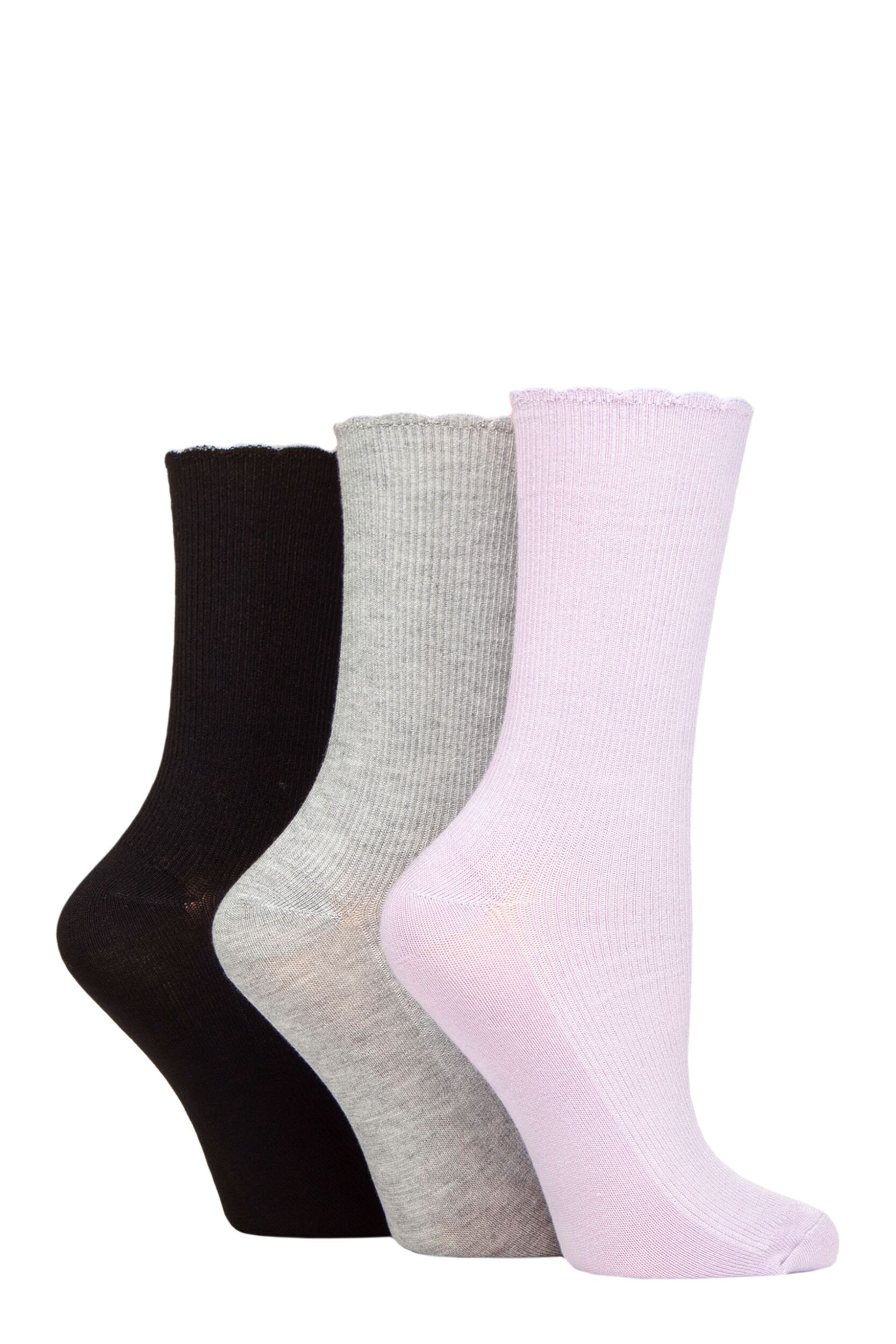 Women's 3 Pair Elle Ribbed Bamboo Socks with Scallop Top Lilac / Silver / Black 4-8 Ladies