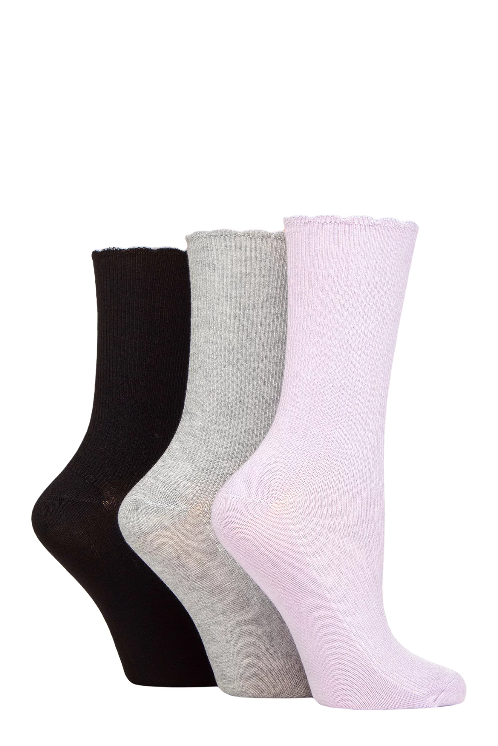 Women's 3 Pair Elle Ribbed Bamboo Socks with Scallop Top Lilac / Silver / Black 4-8 Ladies