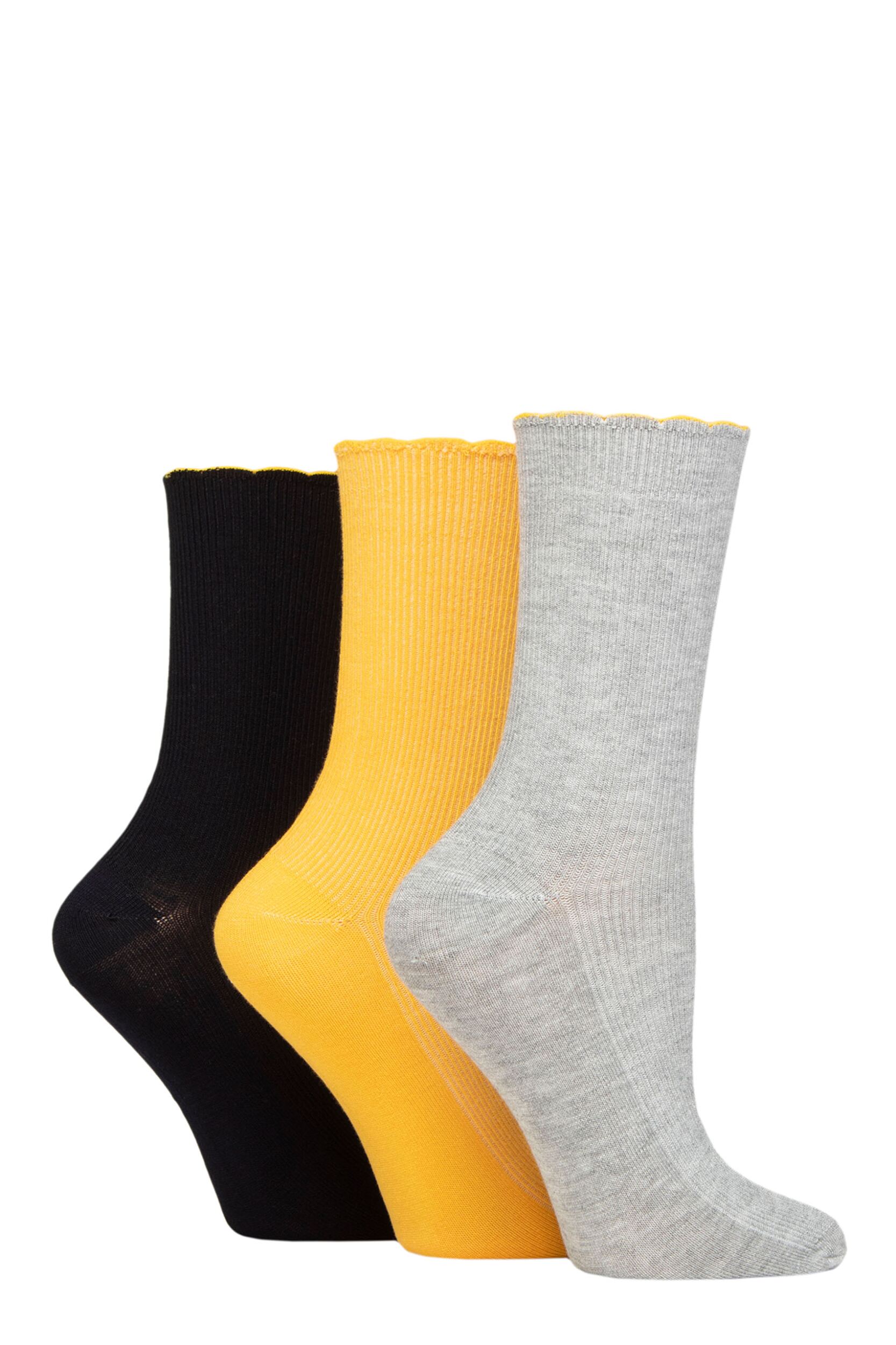 Women's 3 Pair Elle Ribbed Bamboo Socks with Scallop Top Silver / Navy / Mustard 4-8 Ladies