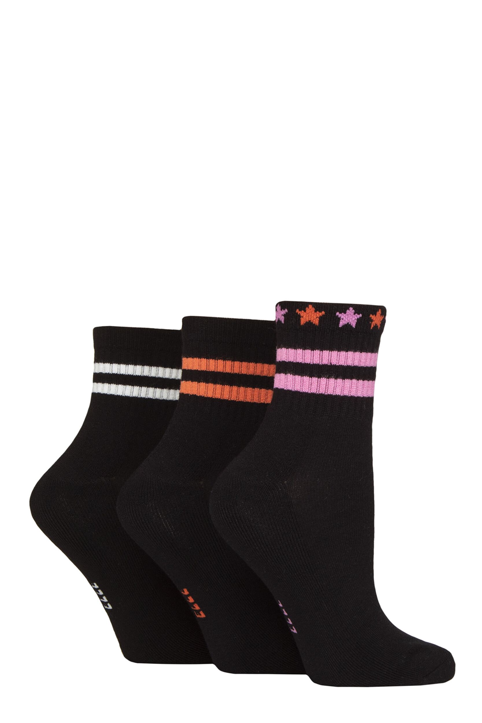 Women's 3 Pair Elle Half Cushion Bamboo Sport Anklet Socks Black Stripe 4-8