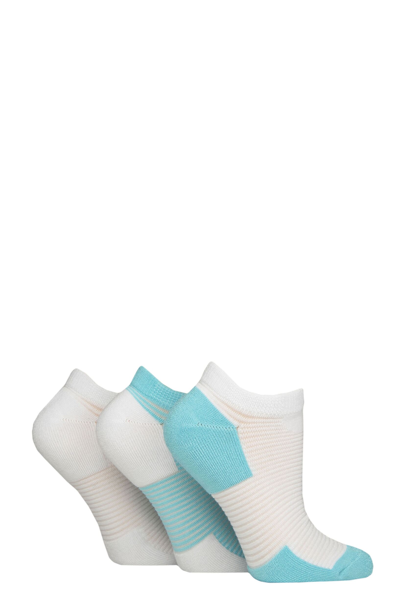 Women's 3 Pair Elle Sheer Stripe Cushioned Heel and Toe Sports Bamboo Trainer Socks White / Aqua 4-8