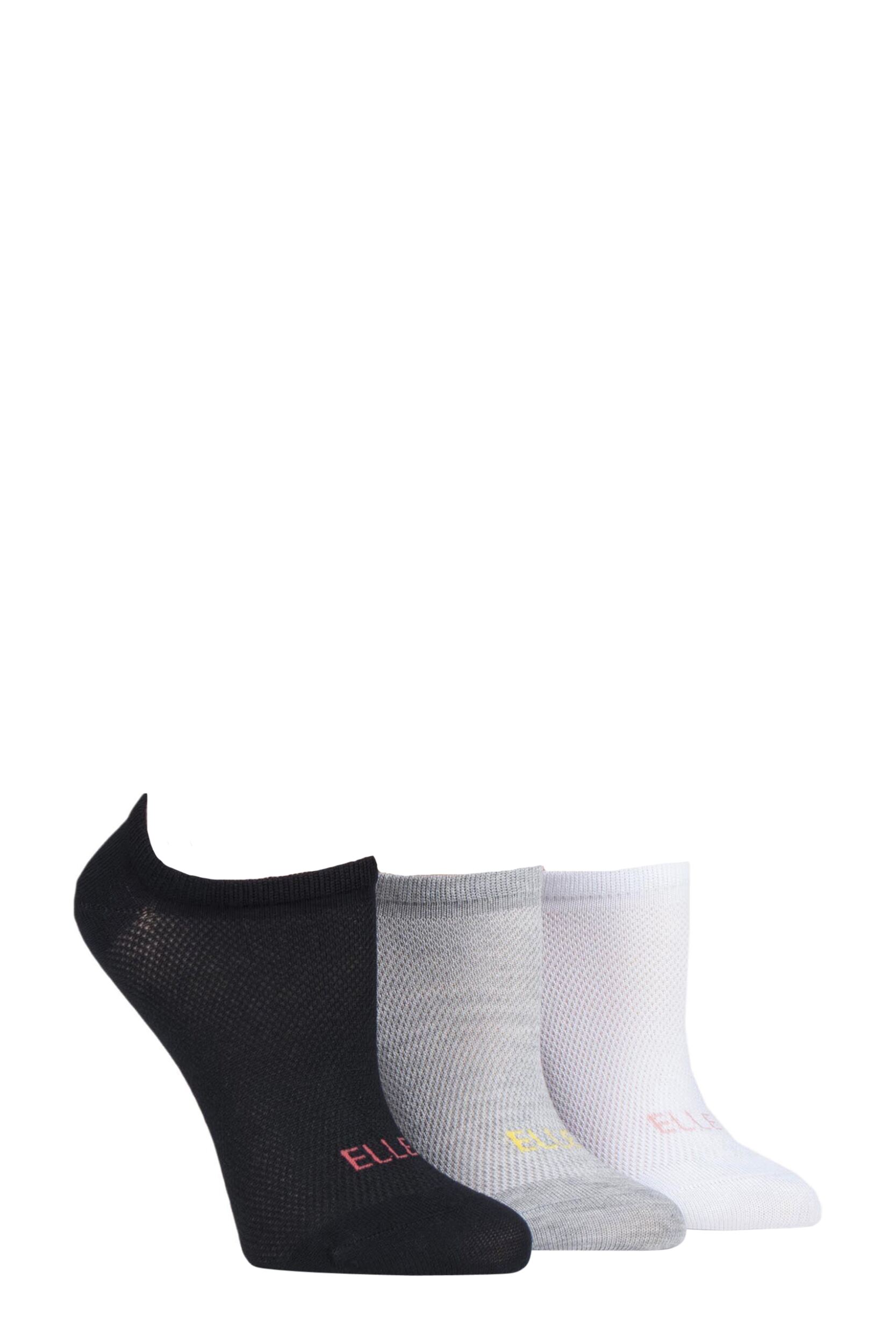 3 Pair Black / Grey / White Sport Mesh Bamboo No Show Socks Ladies 4-8 Ladies - Elle