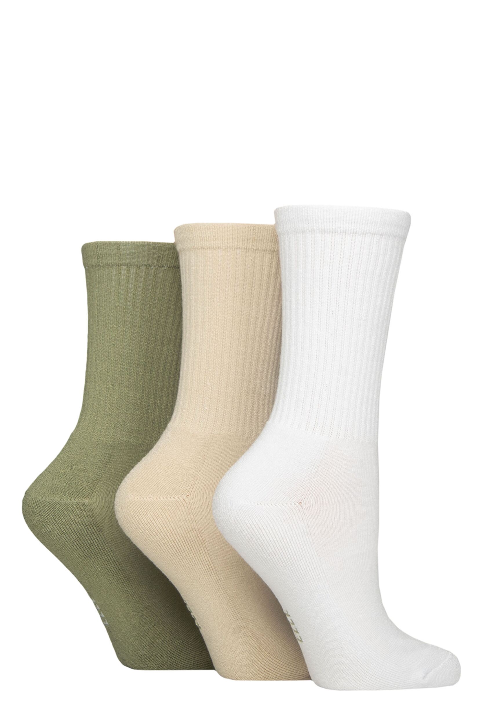 Women's 3 Pair Elle Half Cushion Bamboo Sports Socks White / Beige / Khaki 4-8