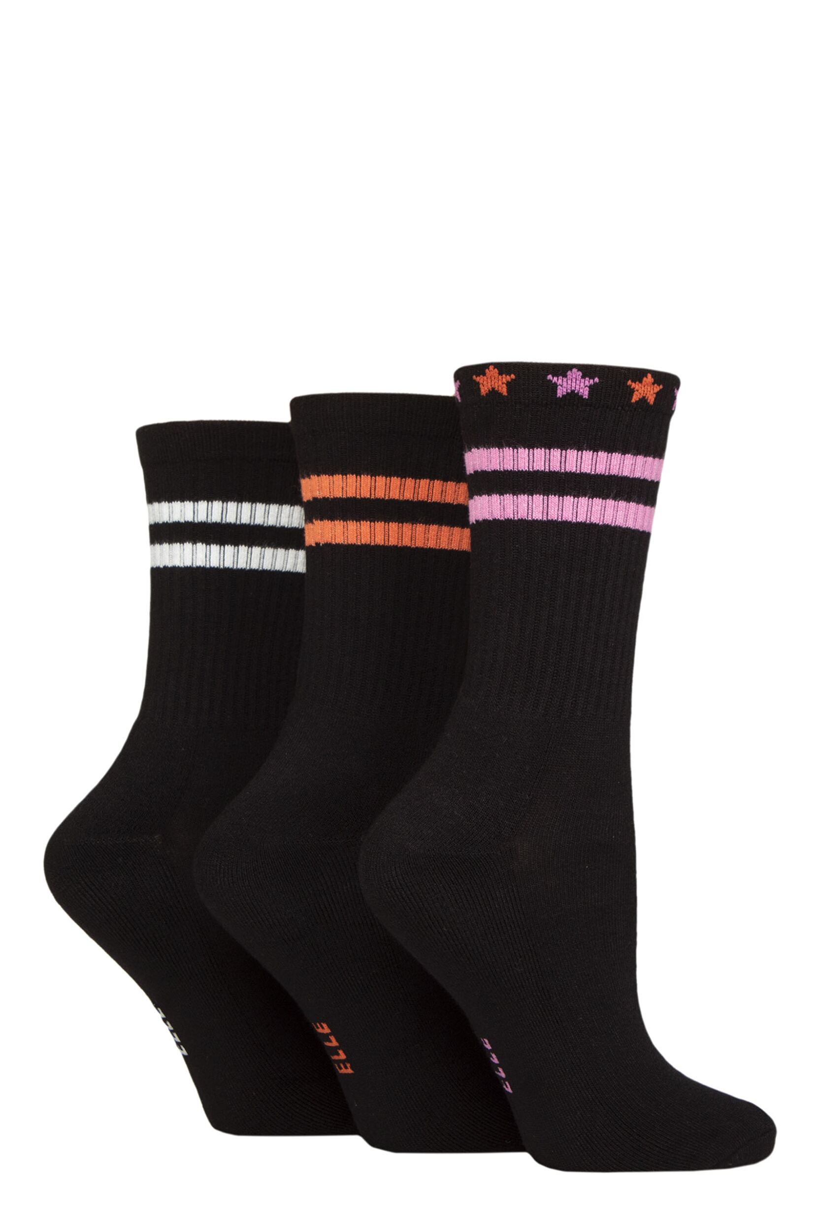 Image of Women's 3 Pair Elle Half Cushion Bamboo Sports Socks Black Stripe 4-8