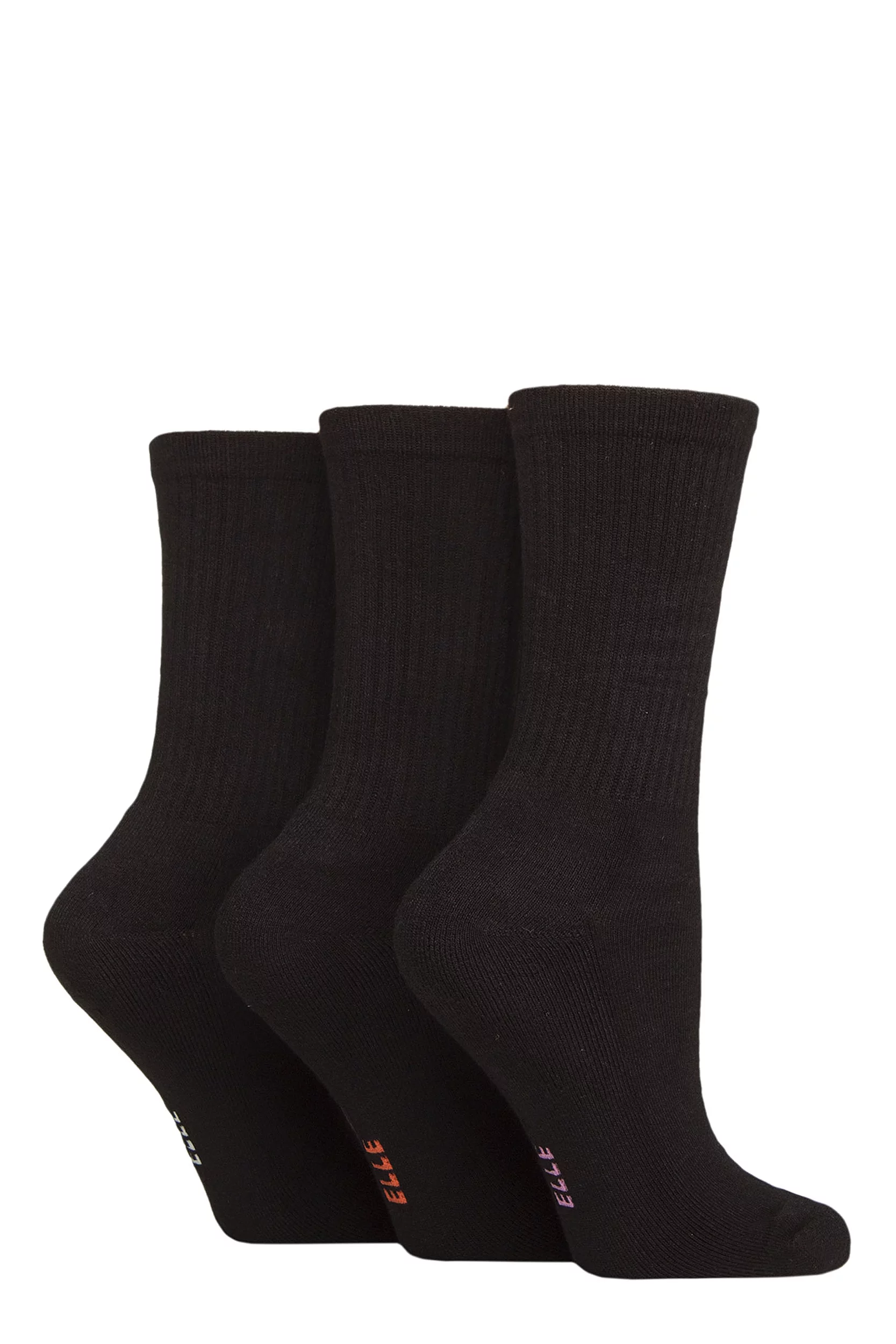 Women's 3 Pair Elle Half Cushion Bamboo Sports Socks Plain Black 4